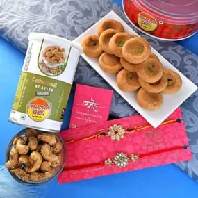 2 Kundan Flower Rakhis & Mathura Peda Hamper Combo