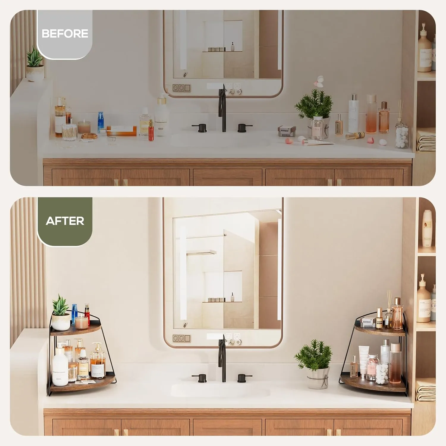 2 Tier Wood Triangle Bathroom Counter Organizer