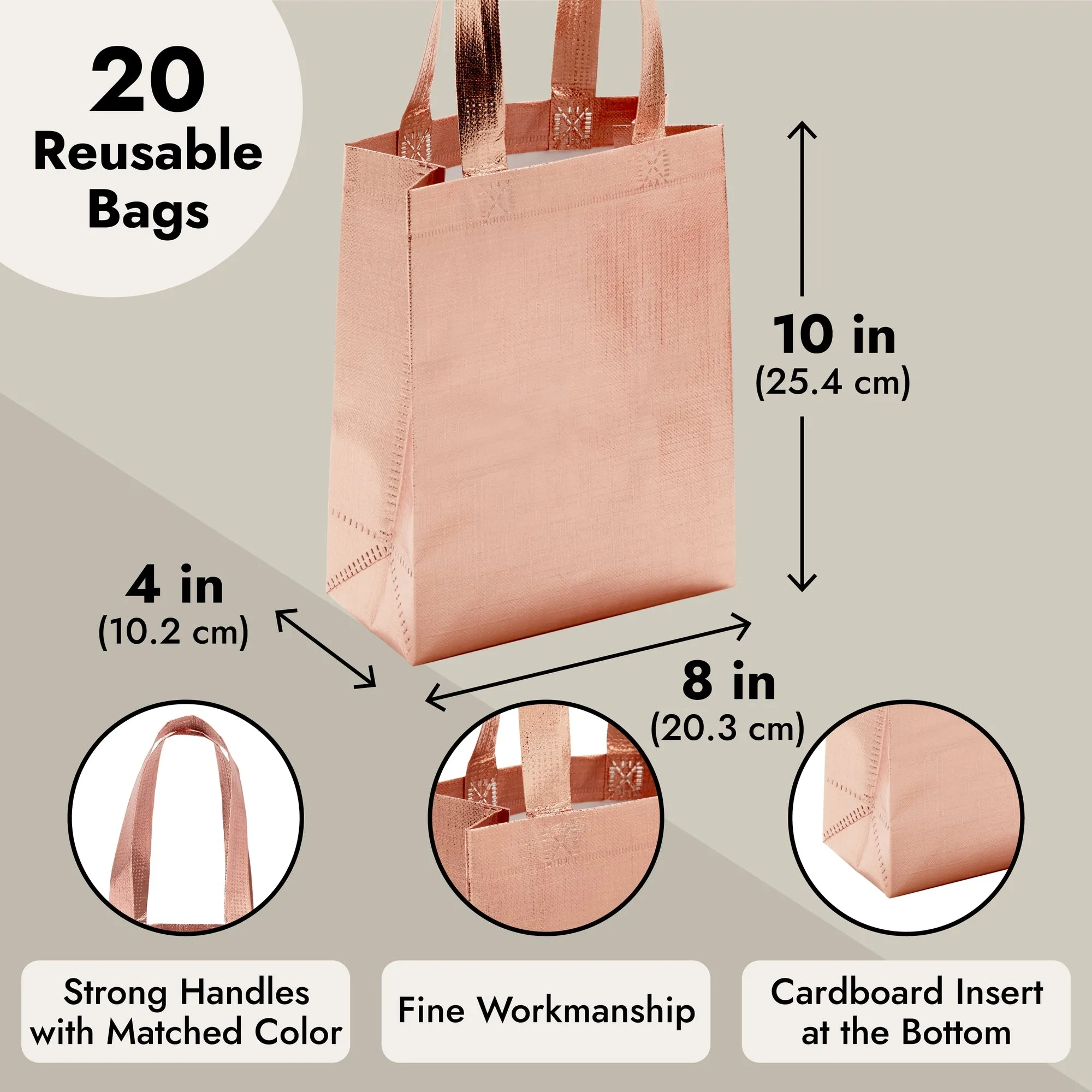 20-Pack Reusable Grocery Bags - Gift Bags with Handles For Bridesmaid Bachelorette Birthday, Non-Woven Shopping Bag (Rose Gold, 10x4x8 In)