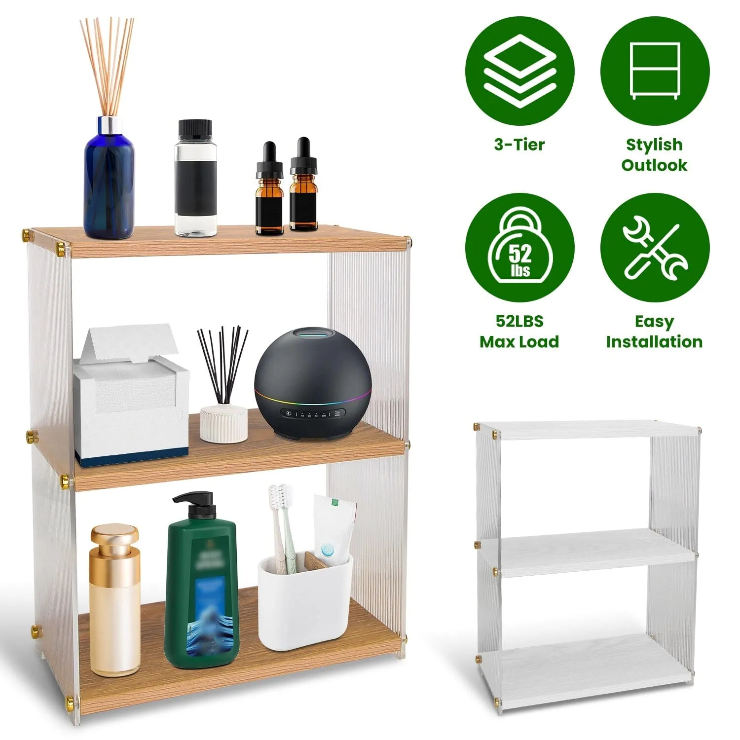 3-Tier: Acrylic Countertop Organizer Bathroom Wood Counter Storage