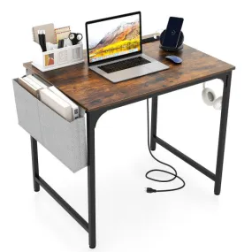 32 Inch Home Office Desk with Charging Station Storage Bag and Headphone Hook-Rustic Brown