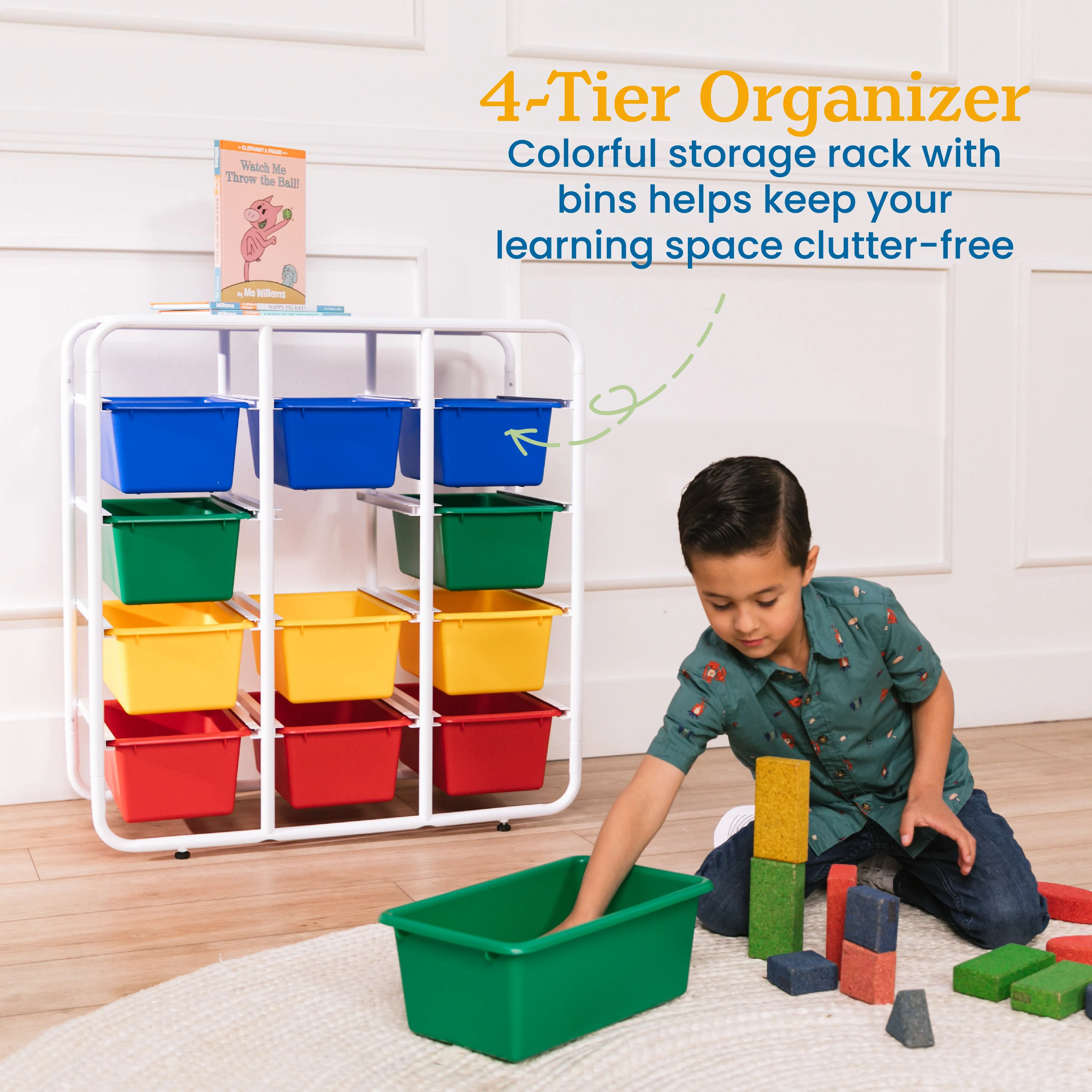 4-Tier Storage Rack with 12 Cubby Bins 4x3, Multipurpose Organization