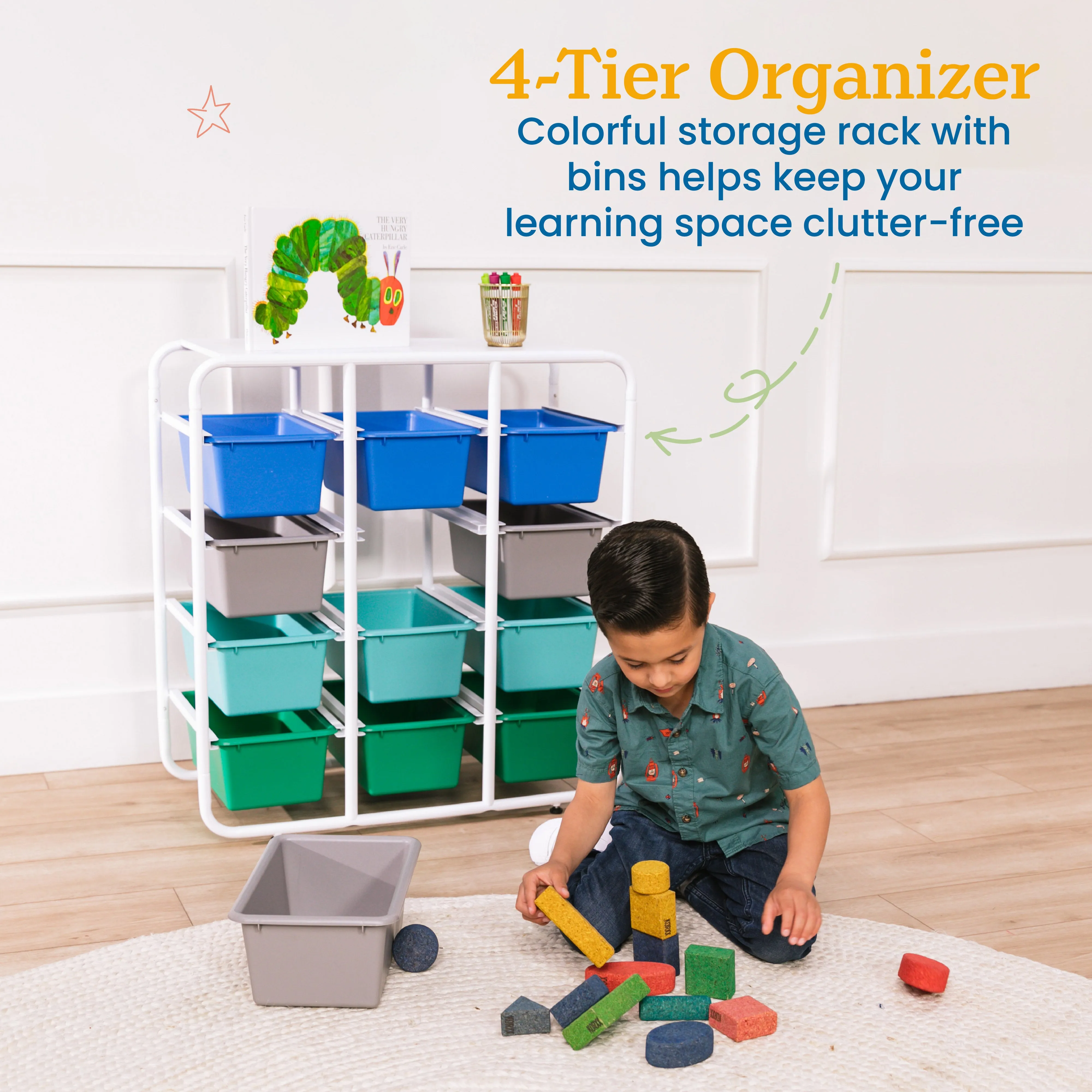 4-Tier Storage Rack with 12 Cubby Bins 4x3, Multipurpose Organization