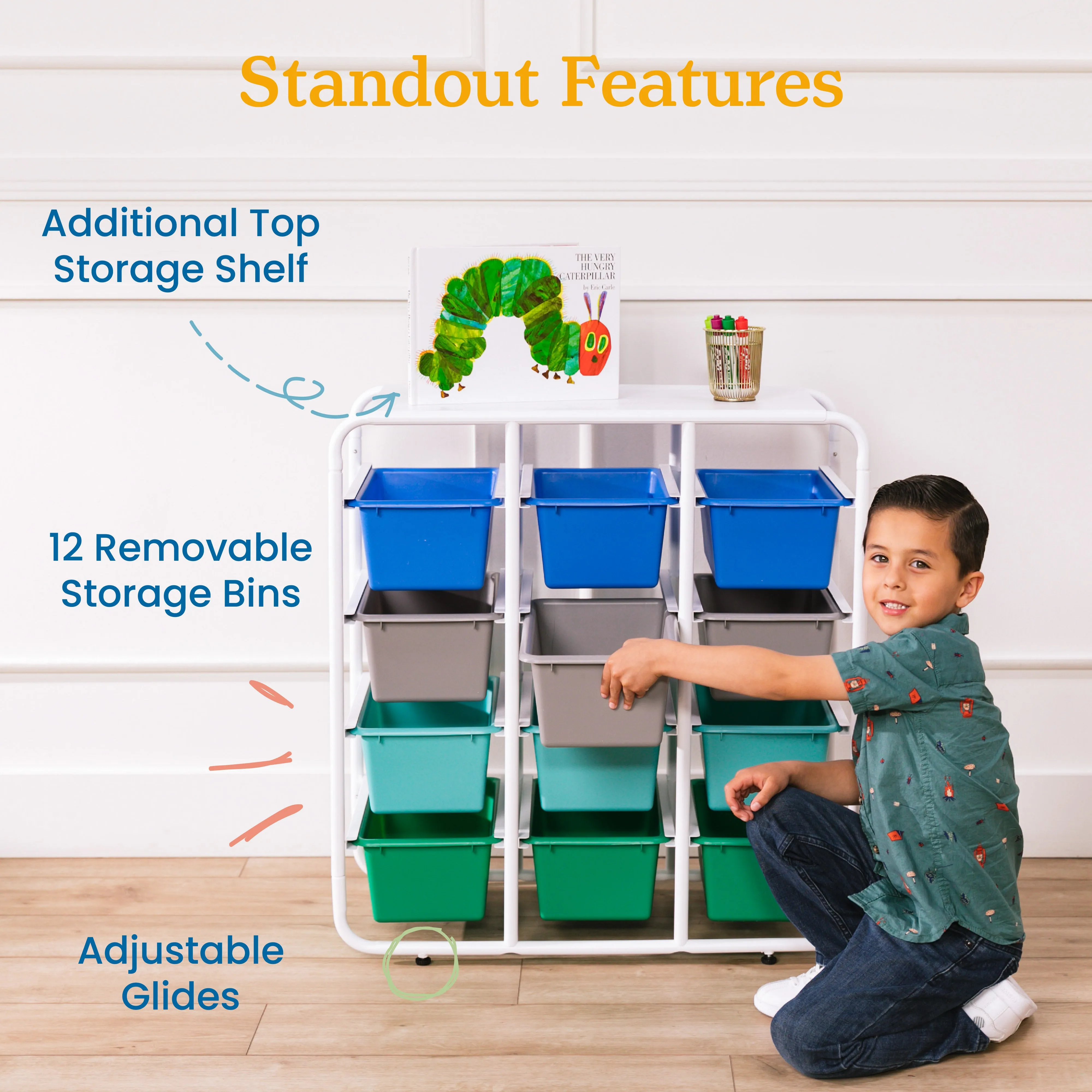 4-Tier Storage Rack with 12 Cubby Bins 4x3, Multipurpose Organization