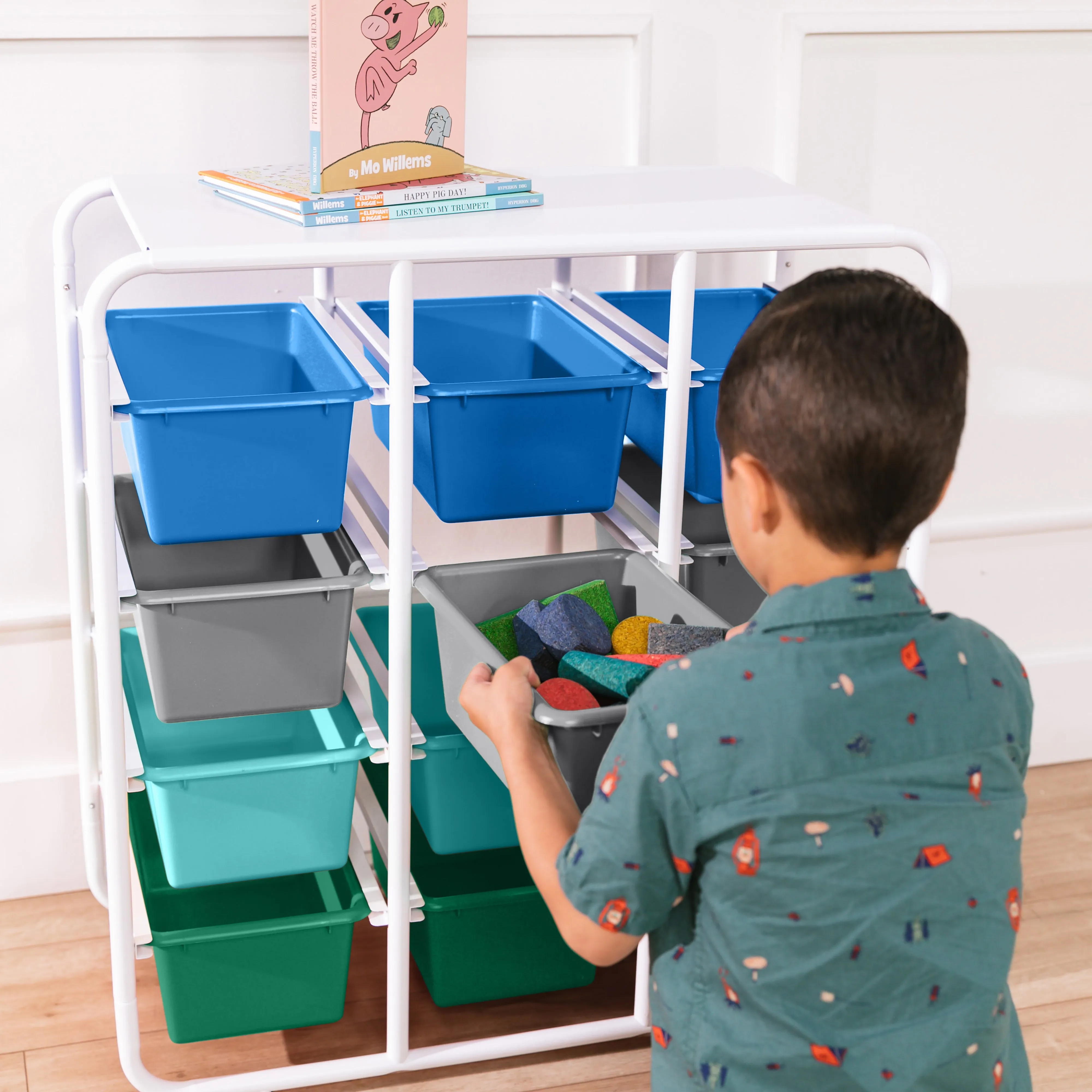 4-Tier Storage Rack with 12 Cubby Bins 4x3, Multipurpose Organization