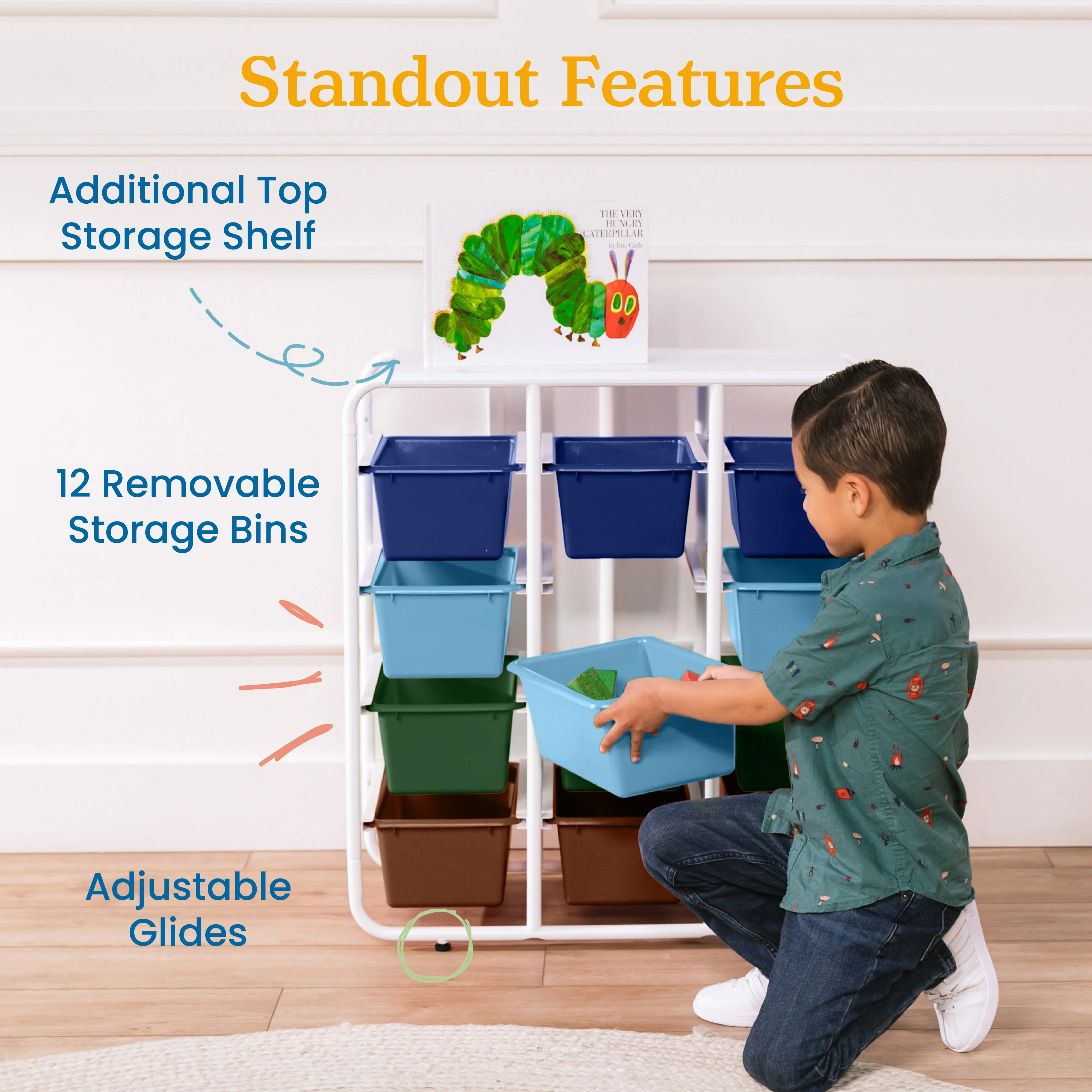 4-Tier Storage Rack with 12 Cubby Bins 4x3, Multipurpose Organization