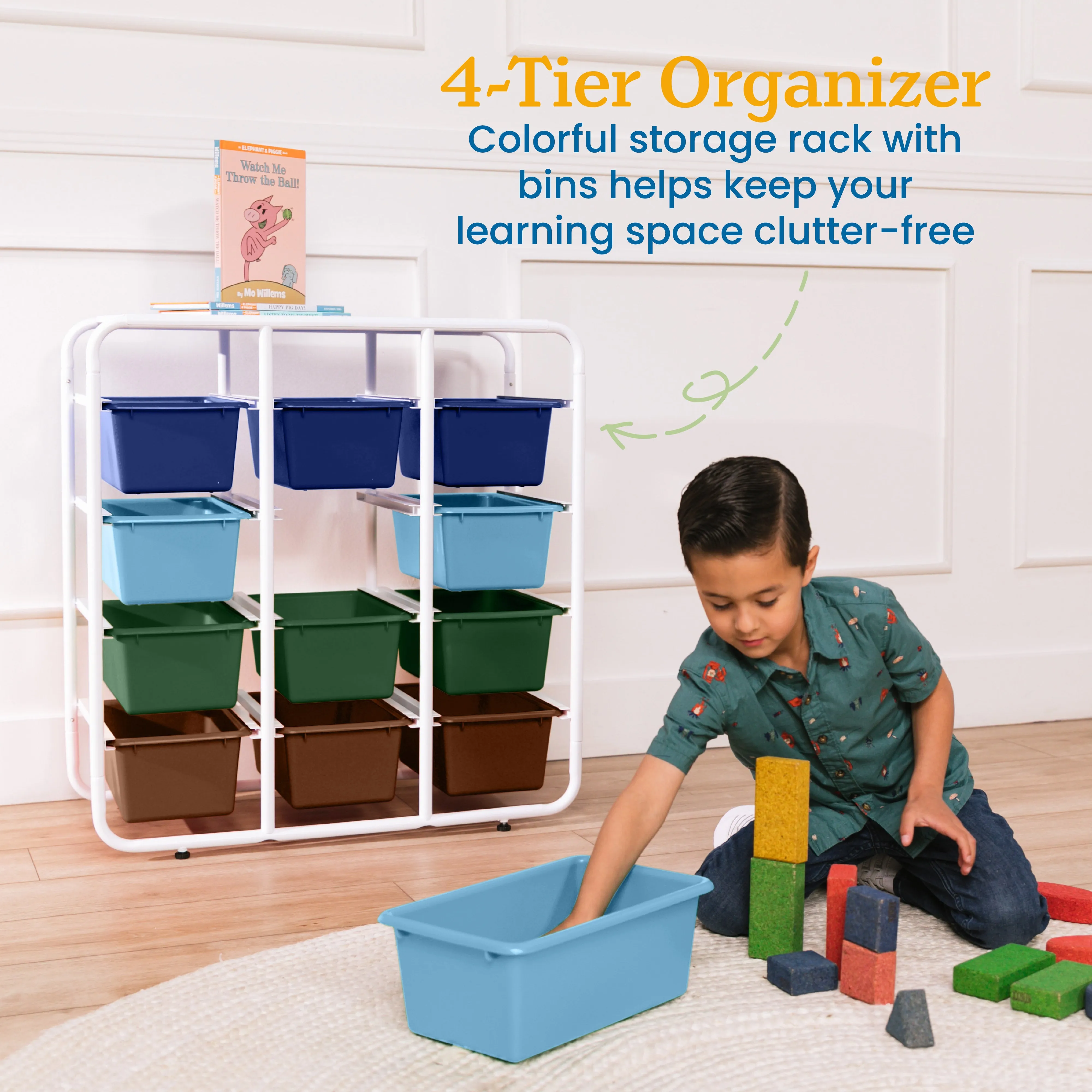 4-Tier Storage Rack with 12 Cubby Bins 4x3, Multipurpose Organization