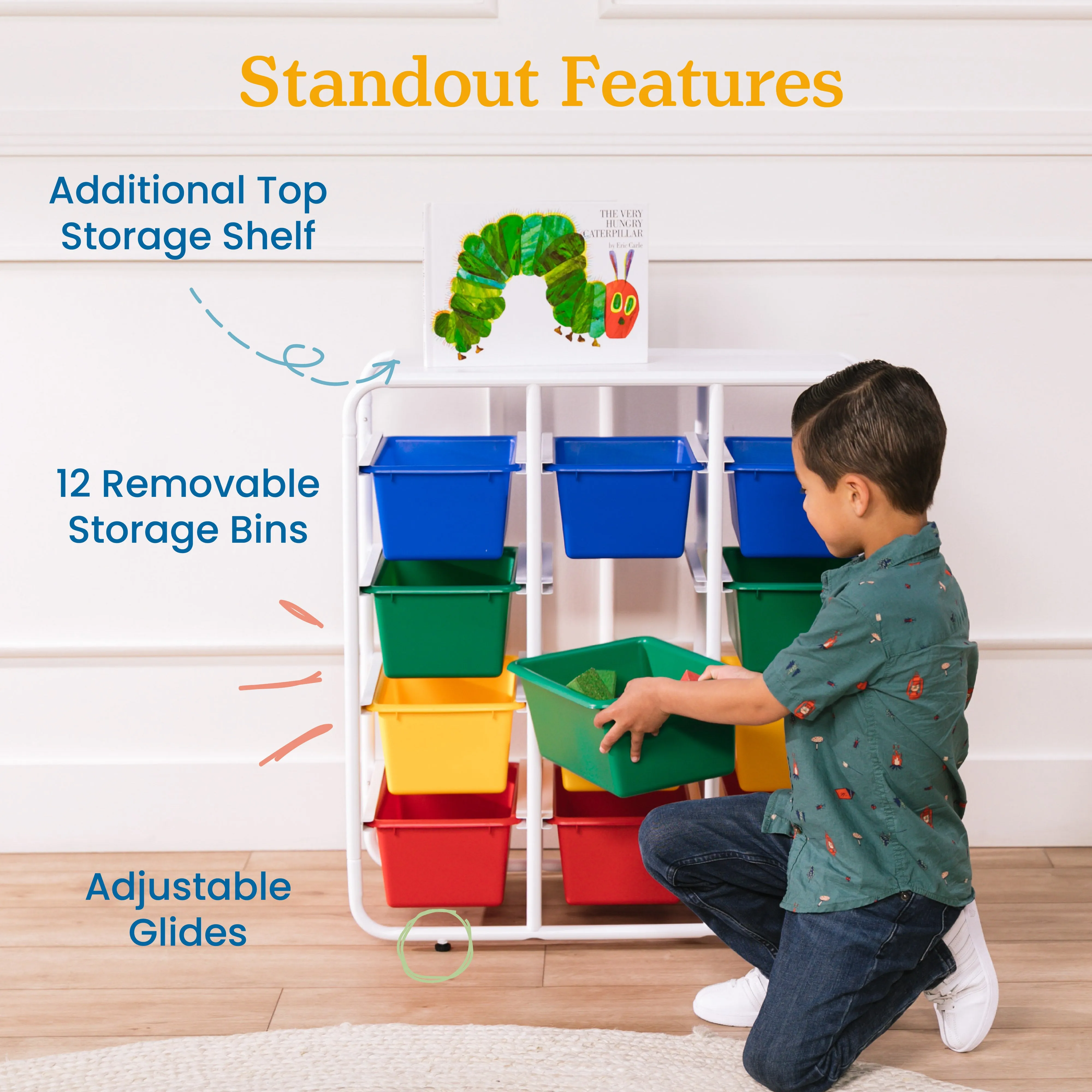 4-Tier Storage Rack with 12 Cubby Bins 4x3, Multipurpose Organization