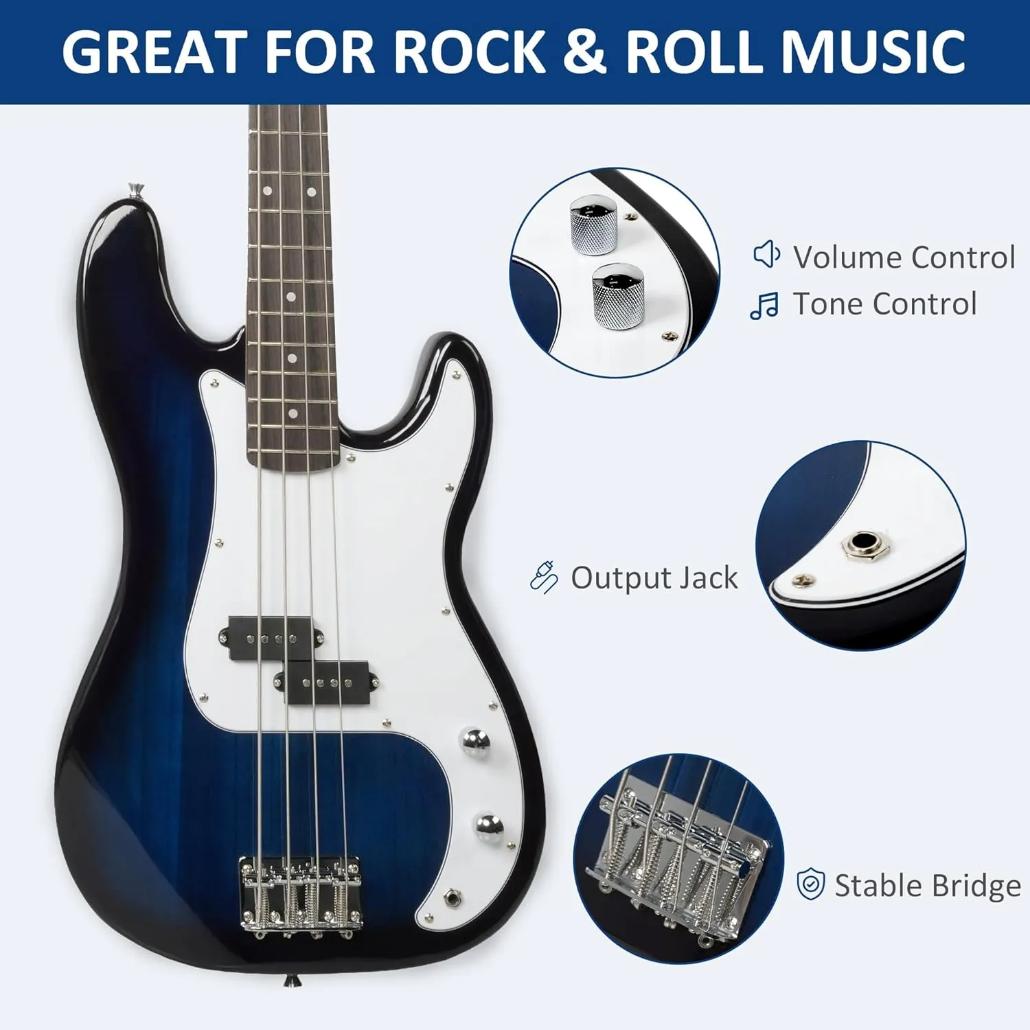 46" Full Size Electric Bass Guitar Kit PB style for Beginners with Amplifier, Blue and White