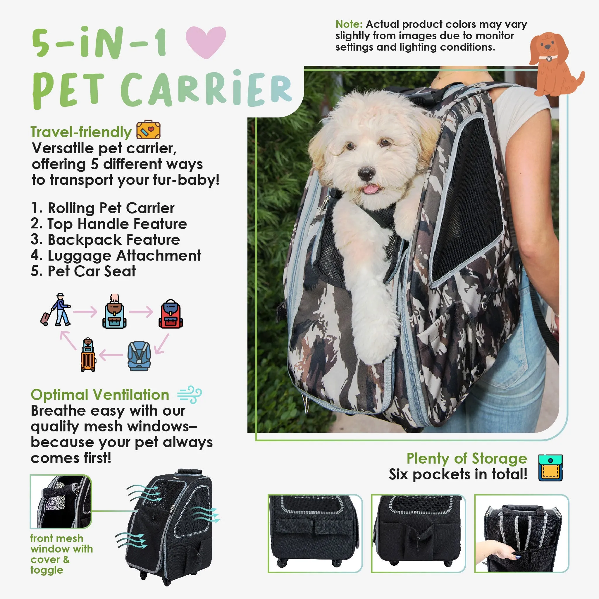 5-in-1 PET CARRIER, Features: Rolling, Top Handle, Backpack, Luggage Attachment, Car Seat ALL IN ONE for Small to Medium Dog, Cat, Bunny, Supports pets up to 25LBS