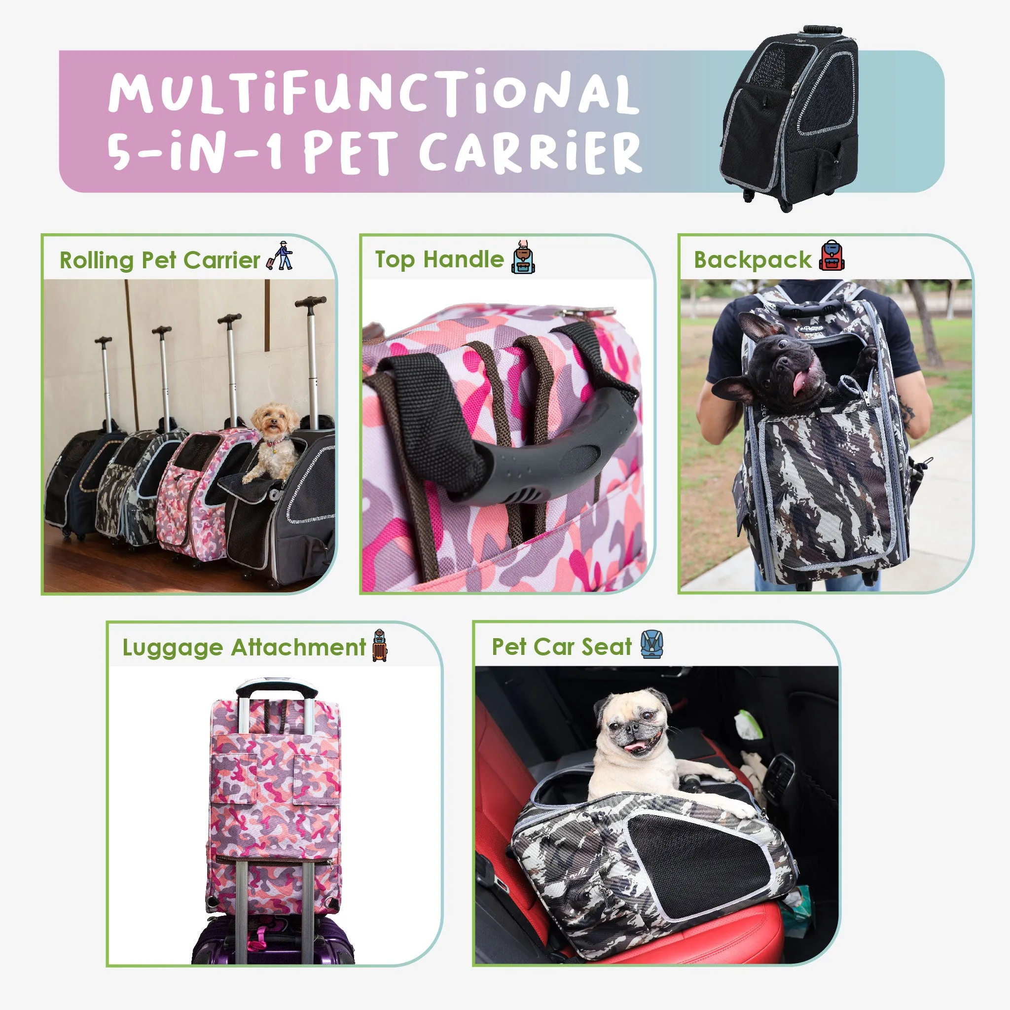 5-in-1 PET CARRIER, Features: Rolling, Top Handle, Backpack, Luggage Attachment, Car Seat ALL IN ONE for Small to Medium Dog, Cat, Bunny, Supports pets up to 25LBS