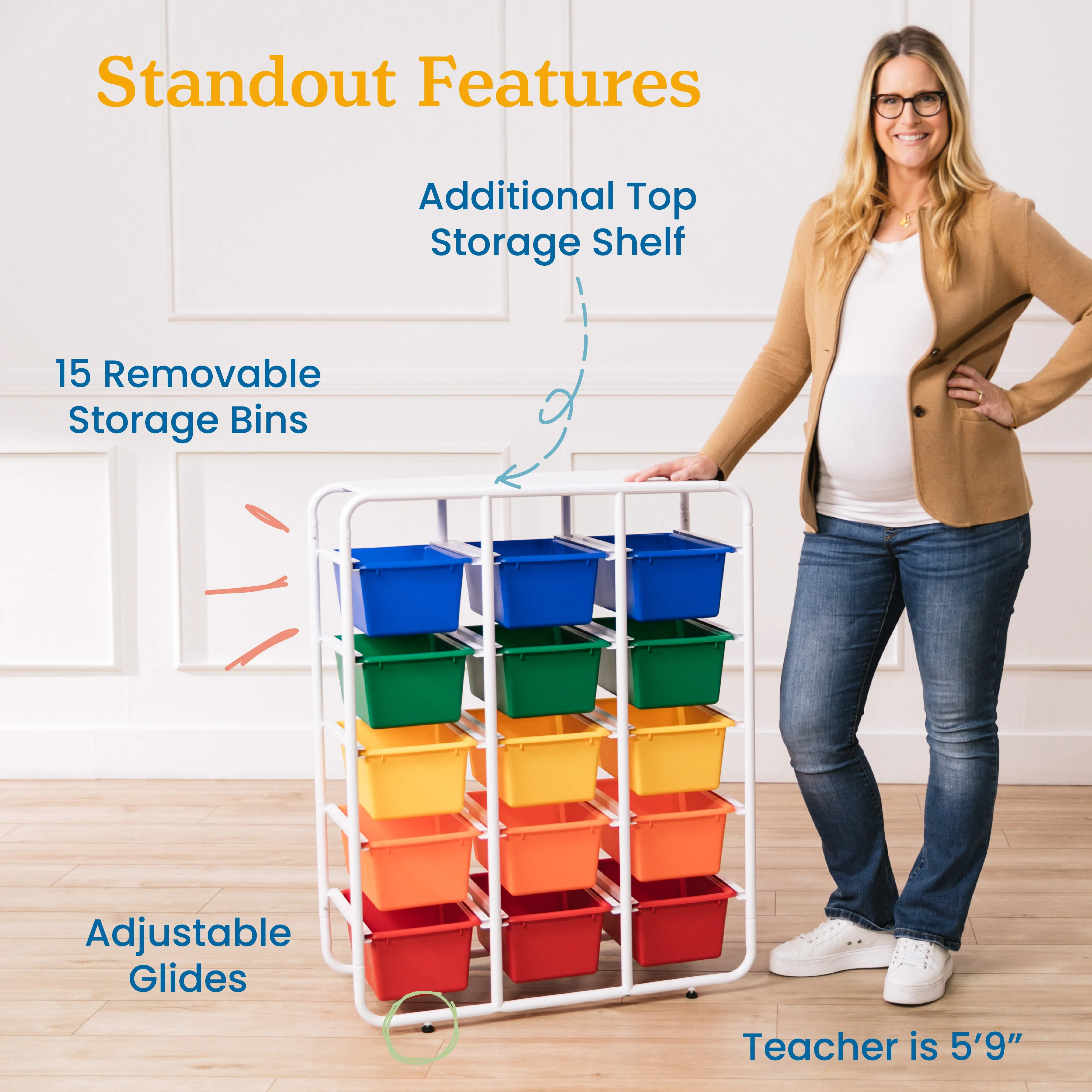 5-Tier Storage Rack with 15 Cubby Bins 5x3, Multipurpose Organization