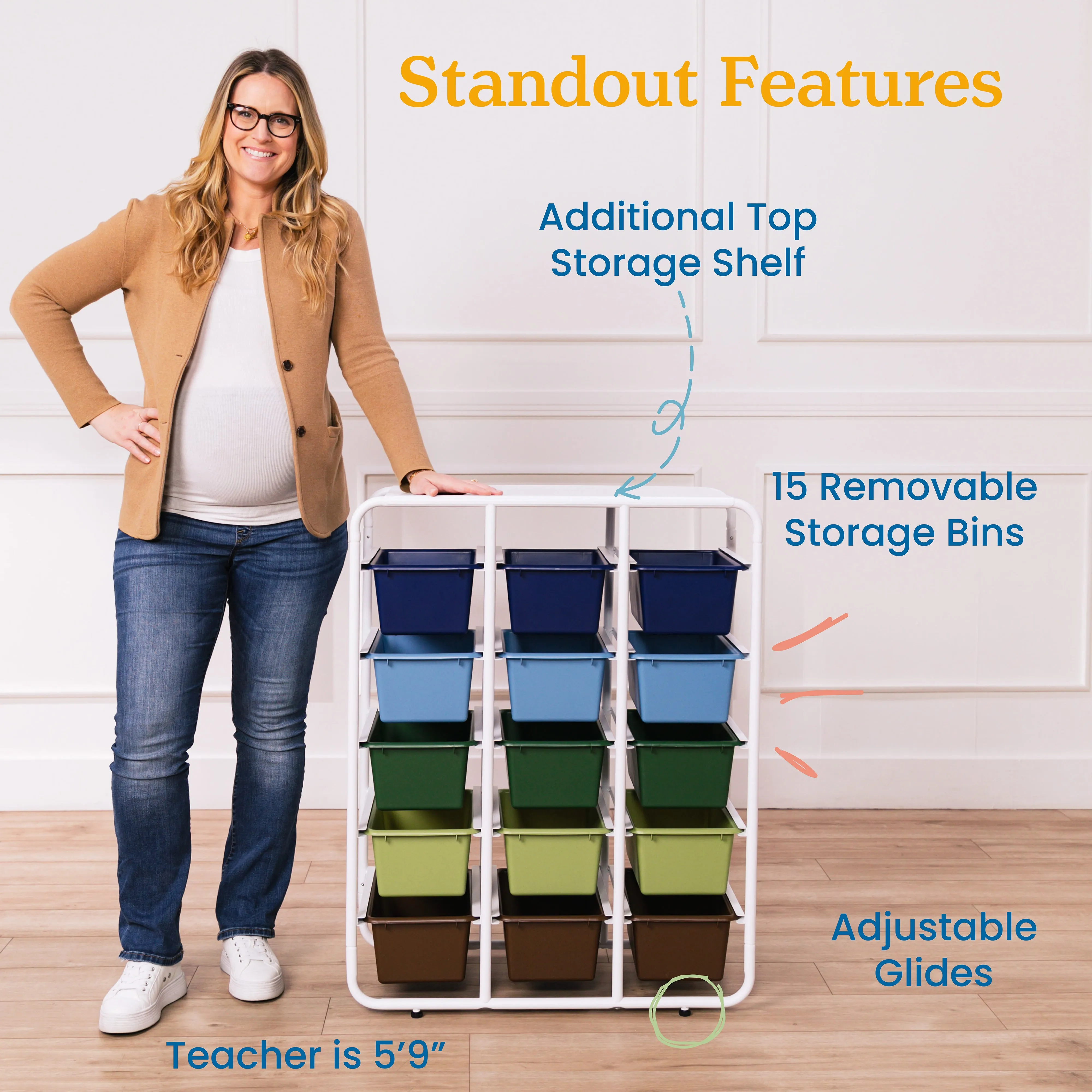 5-Tier Storage Rack with 15 Cubby Bins 5x3, Multipurpose Organization