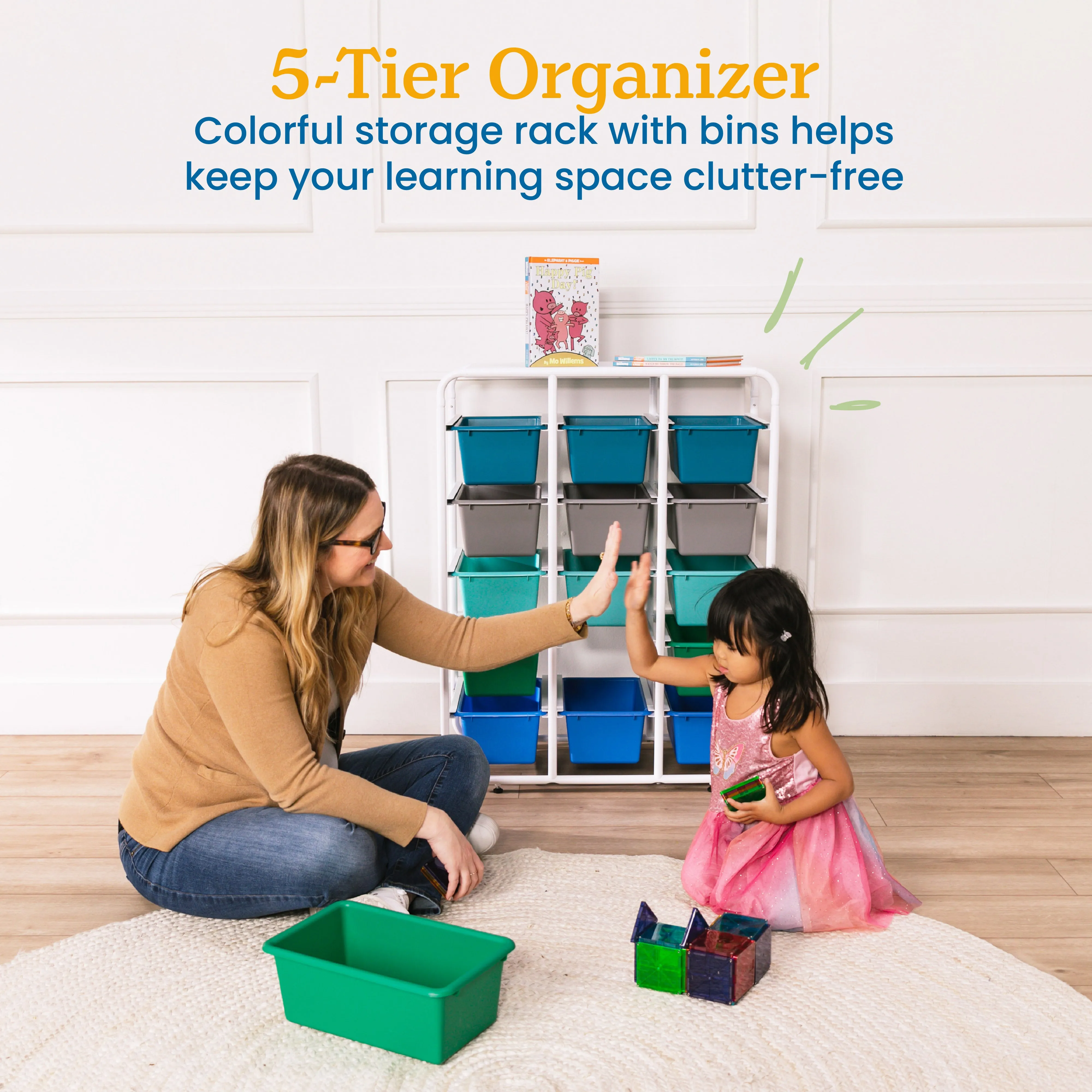 5-Tier Storage Rack with 15 Cubby Bins 5x3, Multipurpose Organization