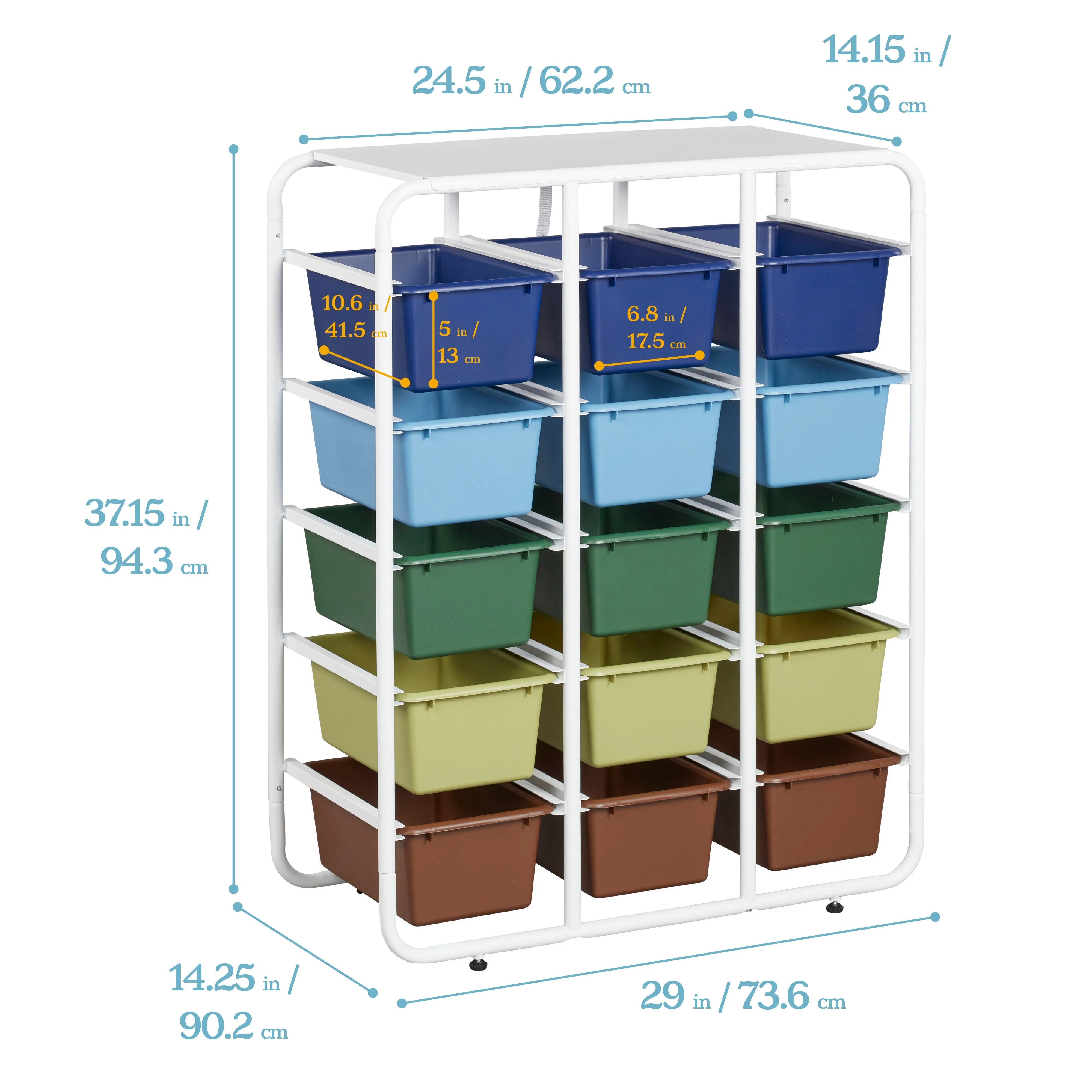 5-Tier Storage Rack with 15 Cubby Bins 5x3, Multipurpose Organization