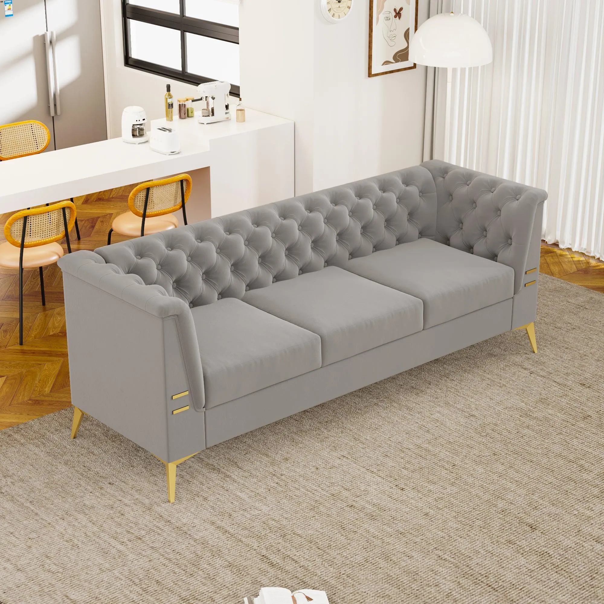 82.7" Modern Velvet Living Room Chesterfield Design Wide Sofa