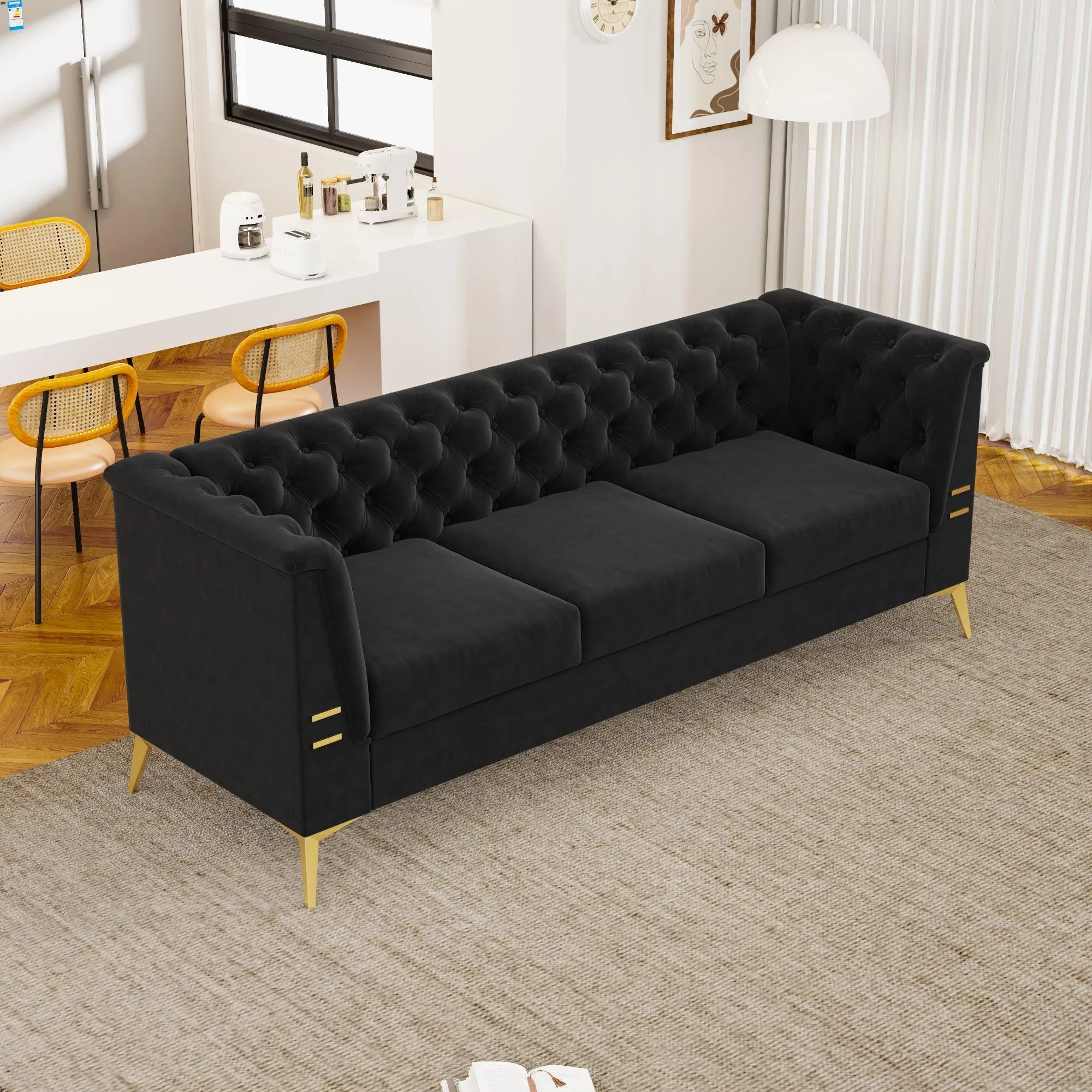 82.7" Modern Velvet Living Room Chesterfield Design Wide Sofa