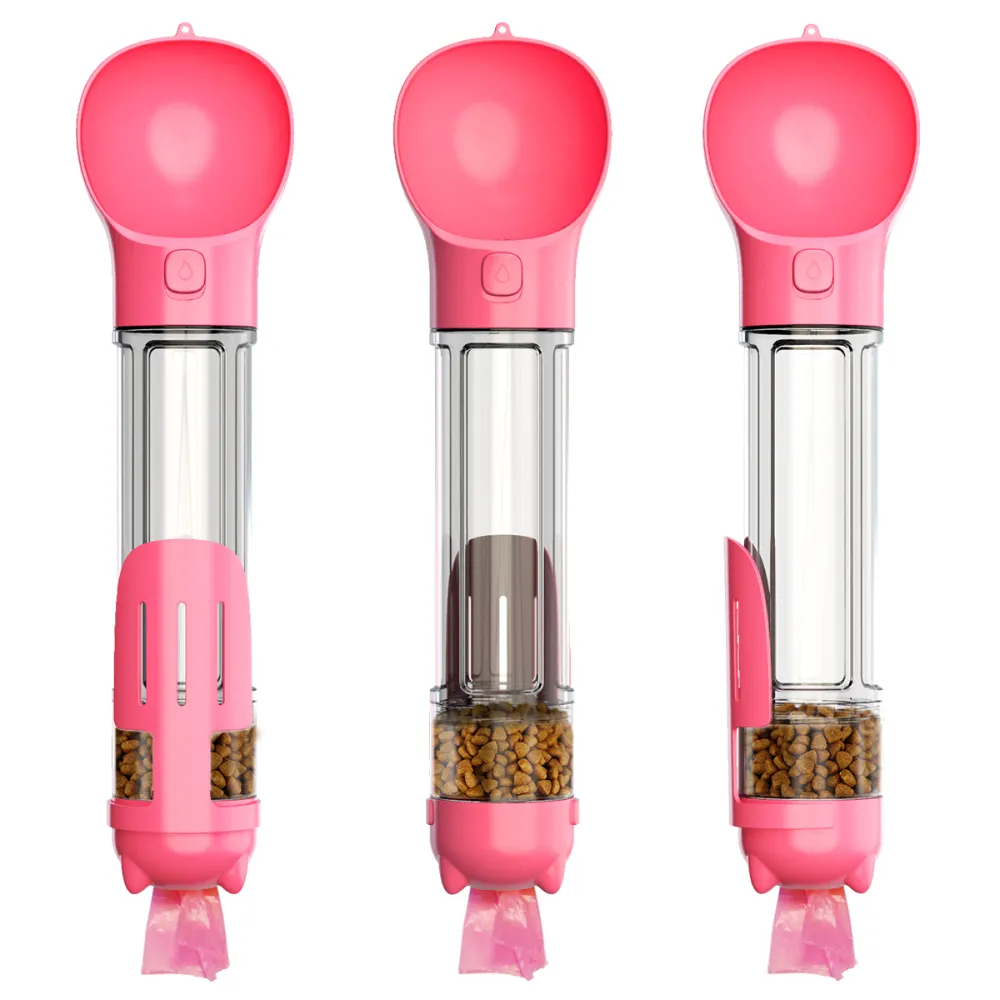 A Plus A Pets 4in1 Multi Functional Bottle With Water, Food, Poo Bags Storage & Poo Shovel for Dogs (Pink)