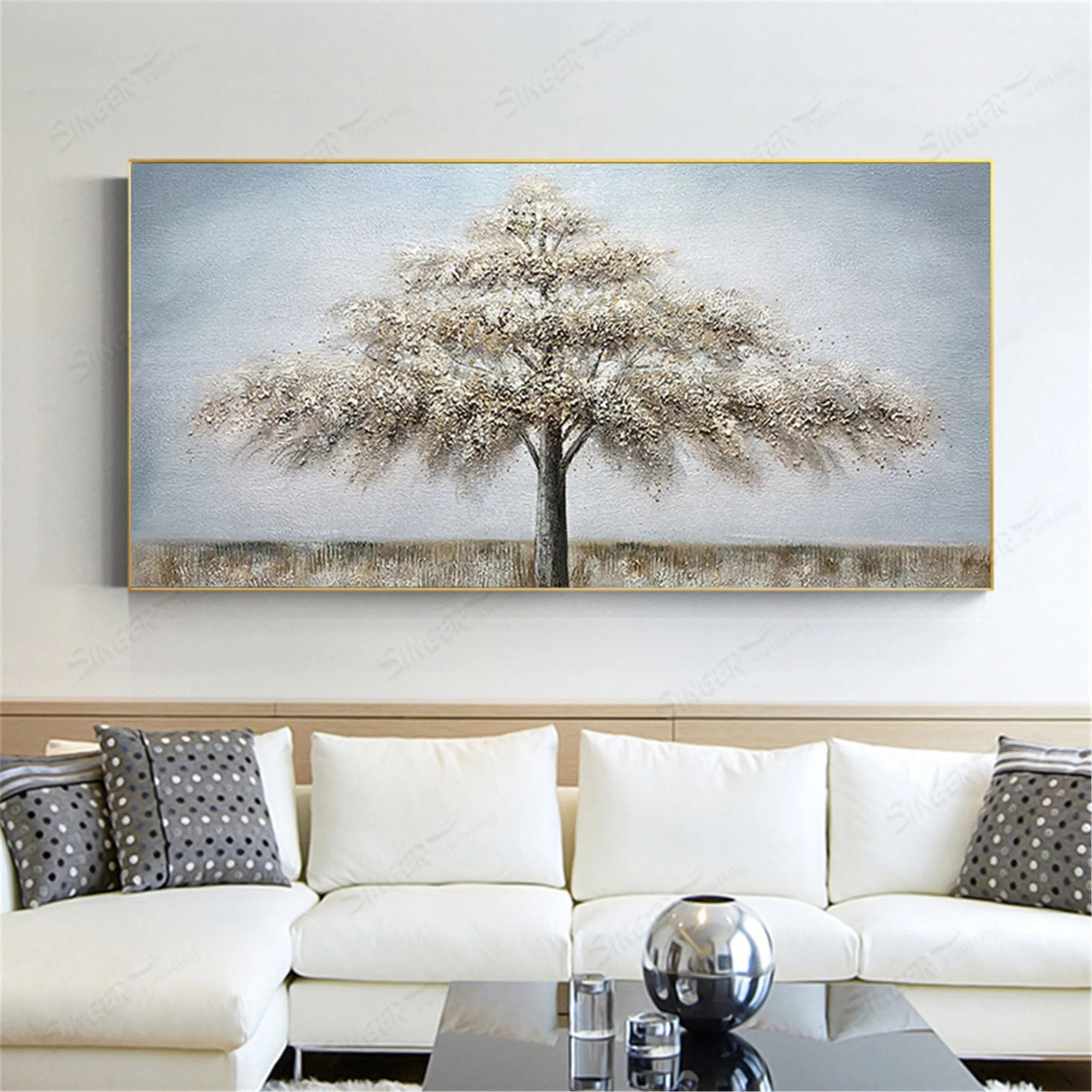 Abstract Tree Painting Gray Acrylic Texture Gold Canvas Wall Art Gp046