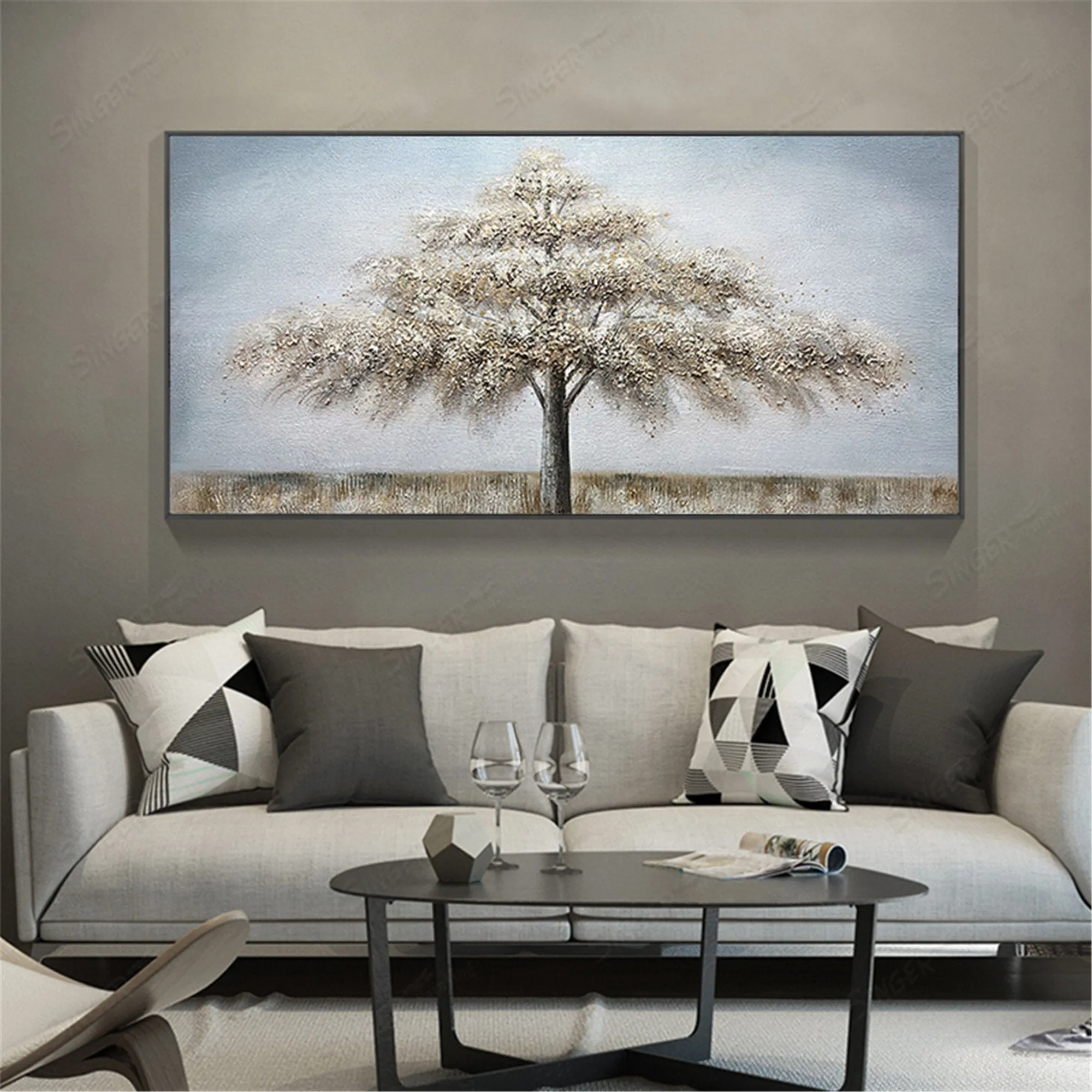 Abstract Tree Painting Gray Acrylic Texture Gold Canvas Wall Art Gp046