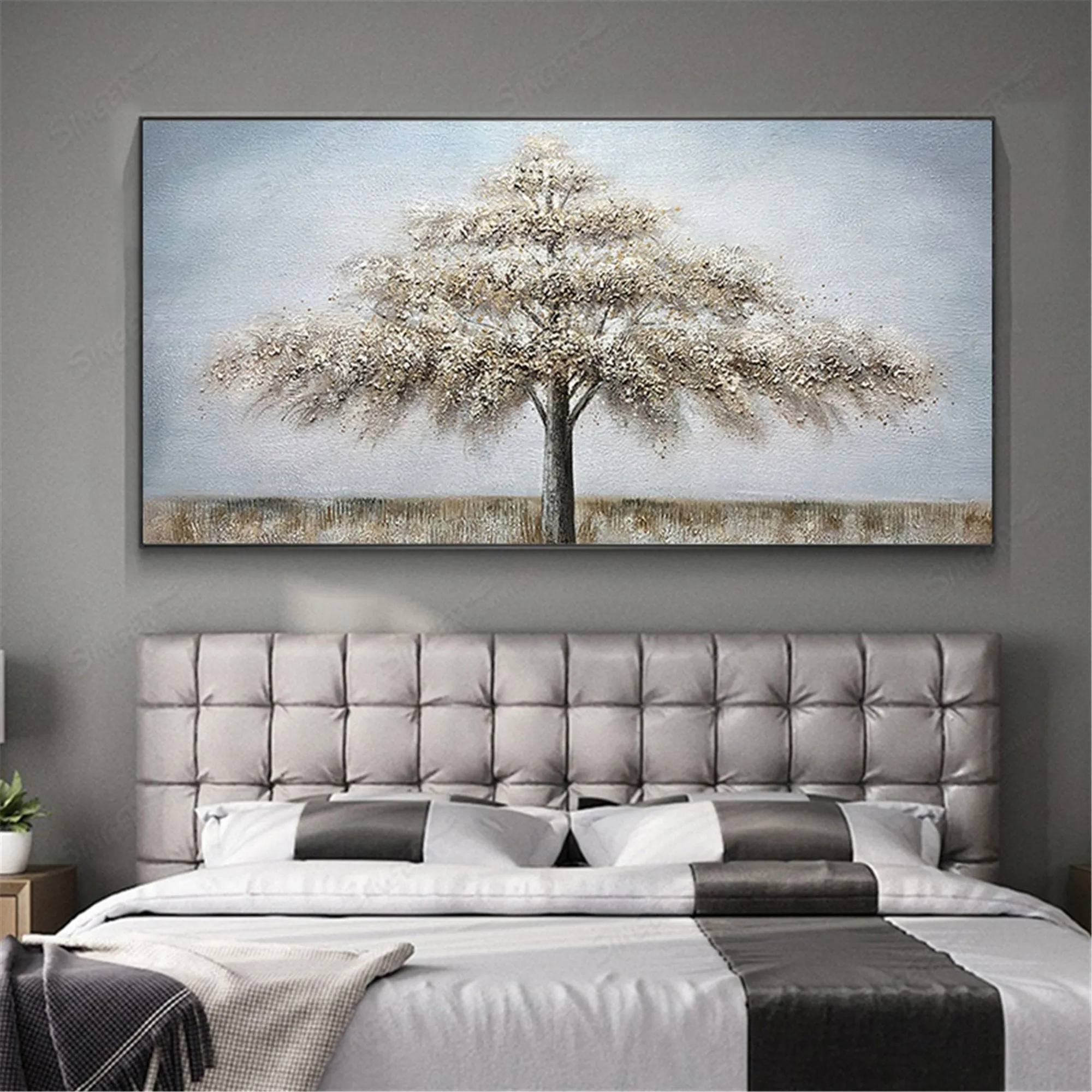 Abstract Tree Painting Gray Acrylic Texture Gold Canvas Wall Art Gp046