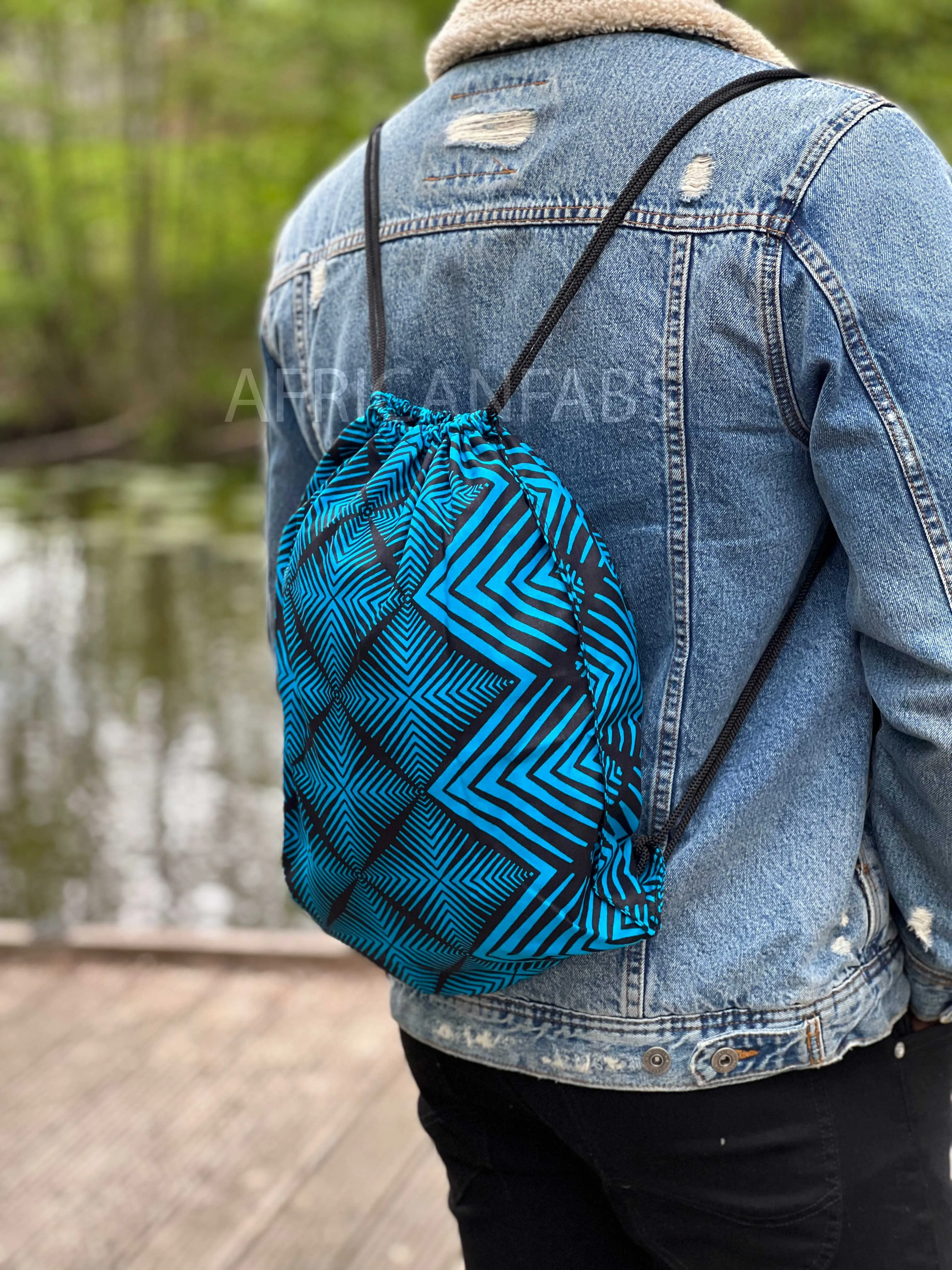 African Print Drawstring Bag / Gym Sack / School bag / Ankara Backpack / Festival Bag - Blue Bogolan