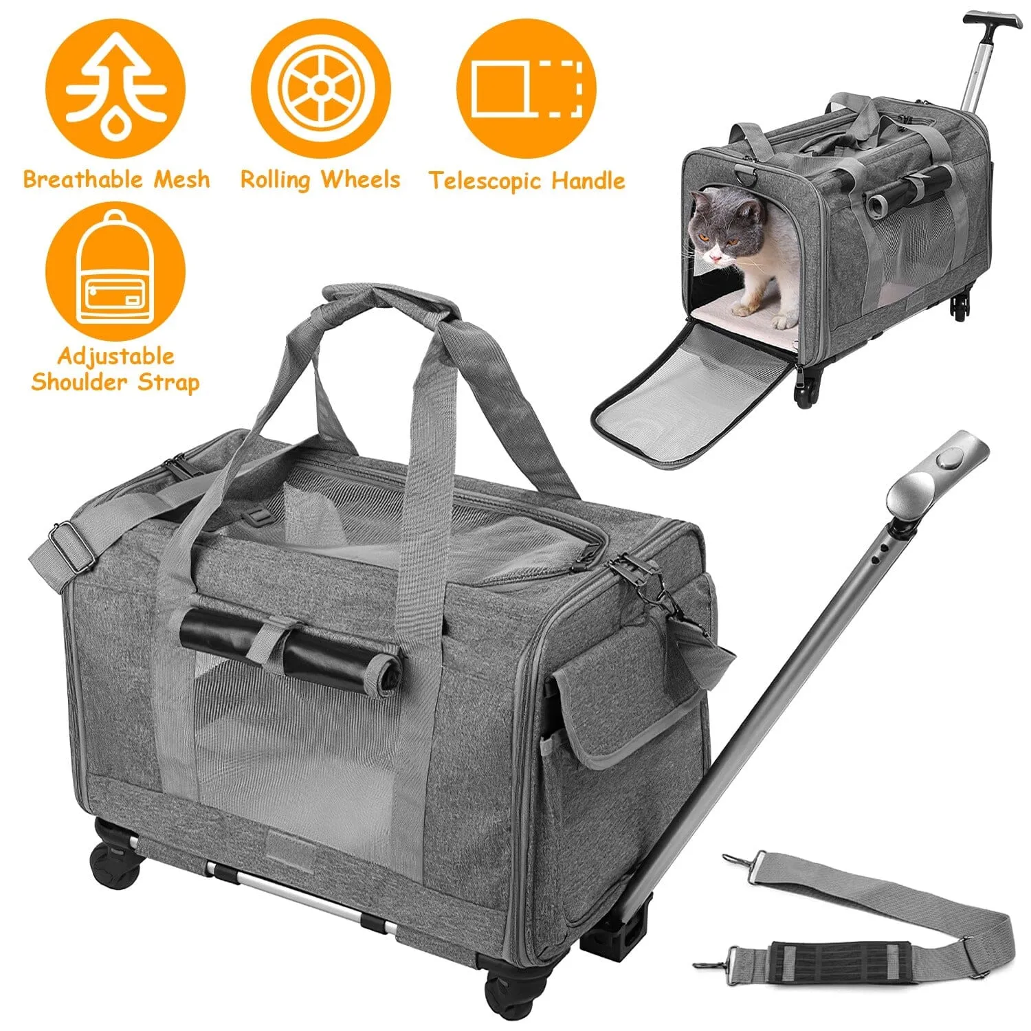 Airline Approved Rolling Pet Carrier with Telescopic Handle Shoulder Strap