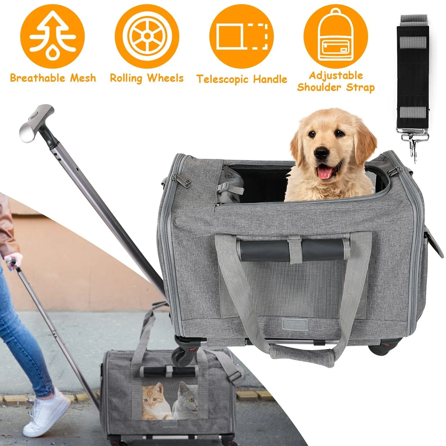 Airline Approved Rolling Pet Carrier with Telescopic Handle Shoulder Strap