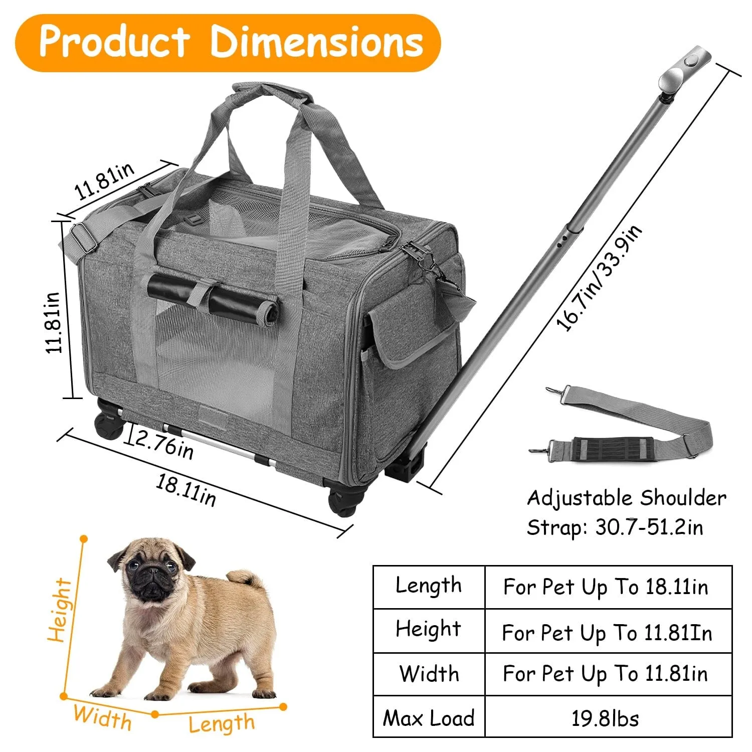 Airline Approved Rolling Pet Carrier with Telescopic Handle Shoulder Strap