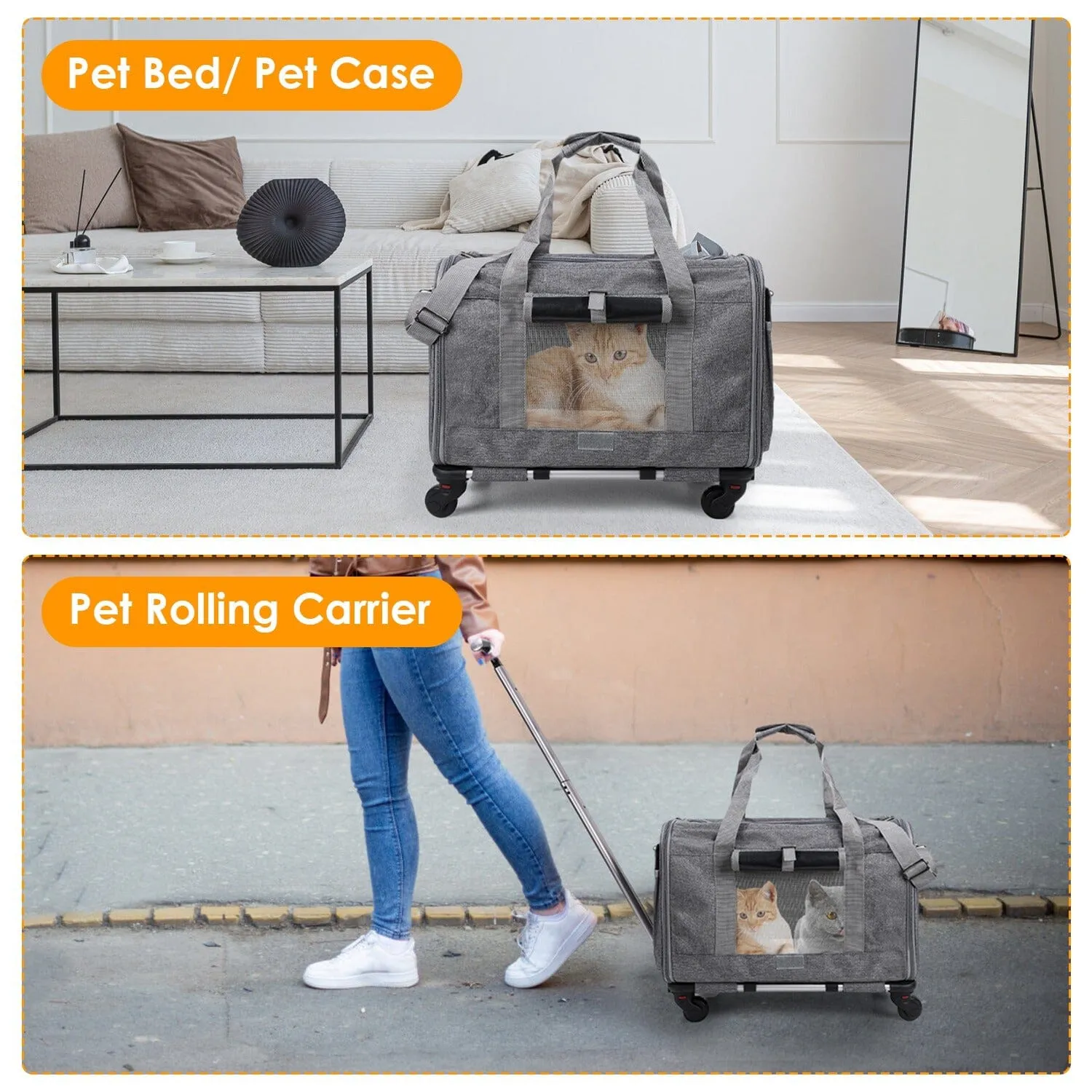 Airline Approved Rolling Pet Carrier with Telescopic Handle Shoulder Strap