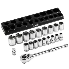 ARES 47005 - 21-Piece 1/2-inch Drive Metric Socket and 90-Tooth Ratchet Set with Magnetic Organizer