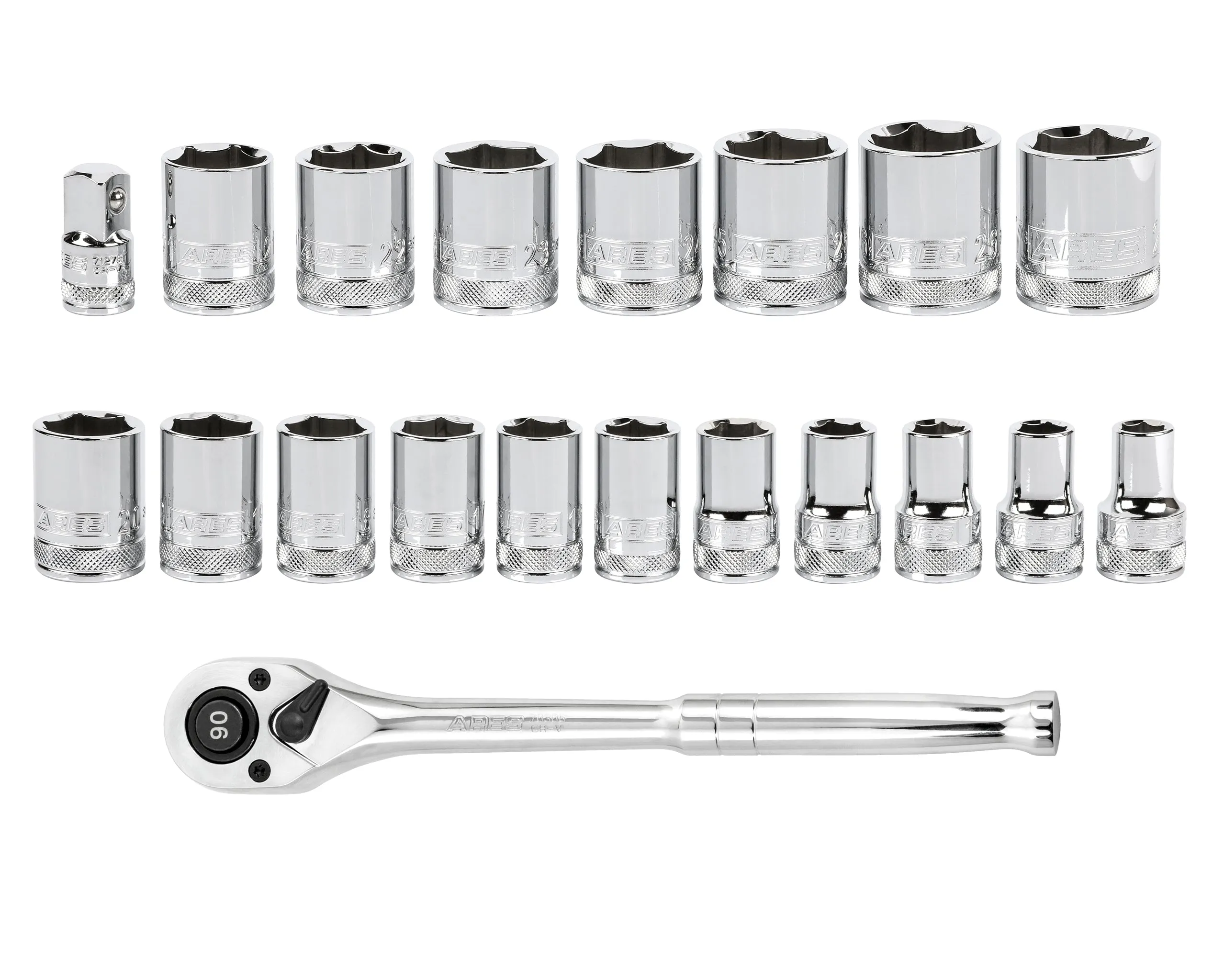 ARES 47005 - 21-Piece 1/2-inch Drive Metric Socket and 90-Tooth Ratchet Set with Magnetic Organizer