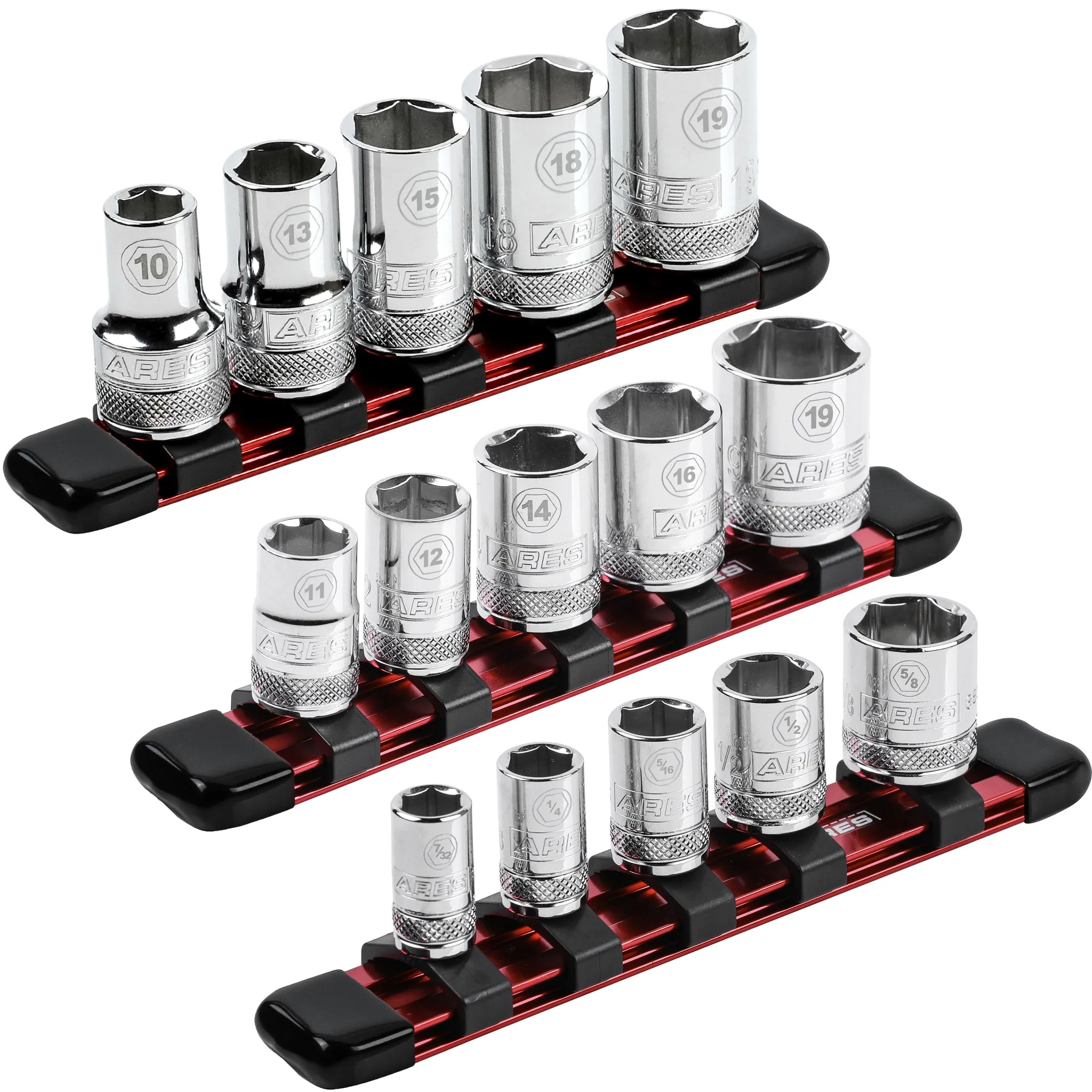 ARES 60072 - 3-Piece Red 6-Inch Aluminum Socket Rail Set