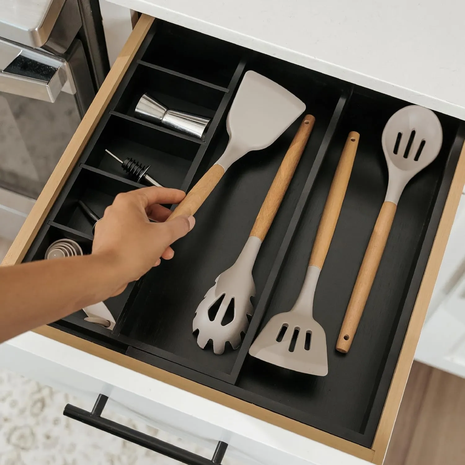 Bamboo Drawer Organizer for Utensils & Junk - Black Finish (Expands 10.5-19in)