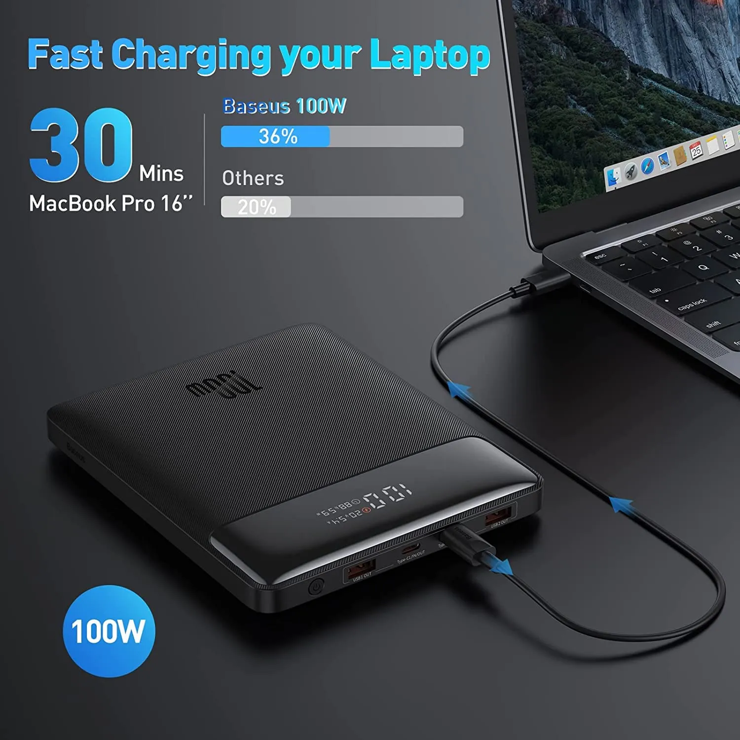 Baseus Laptop Power Bank, 100W Blade USB C Portable Laptop Charger, Super Fast Charging 20000mAh Slim Battery Pack for Laptop, MacBook Air, Dell, IPad, HP, iPhone, Samsung Galaxy, Switch, ROG Ally