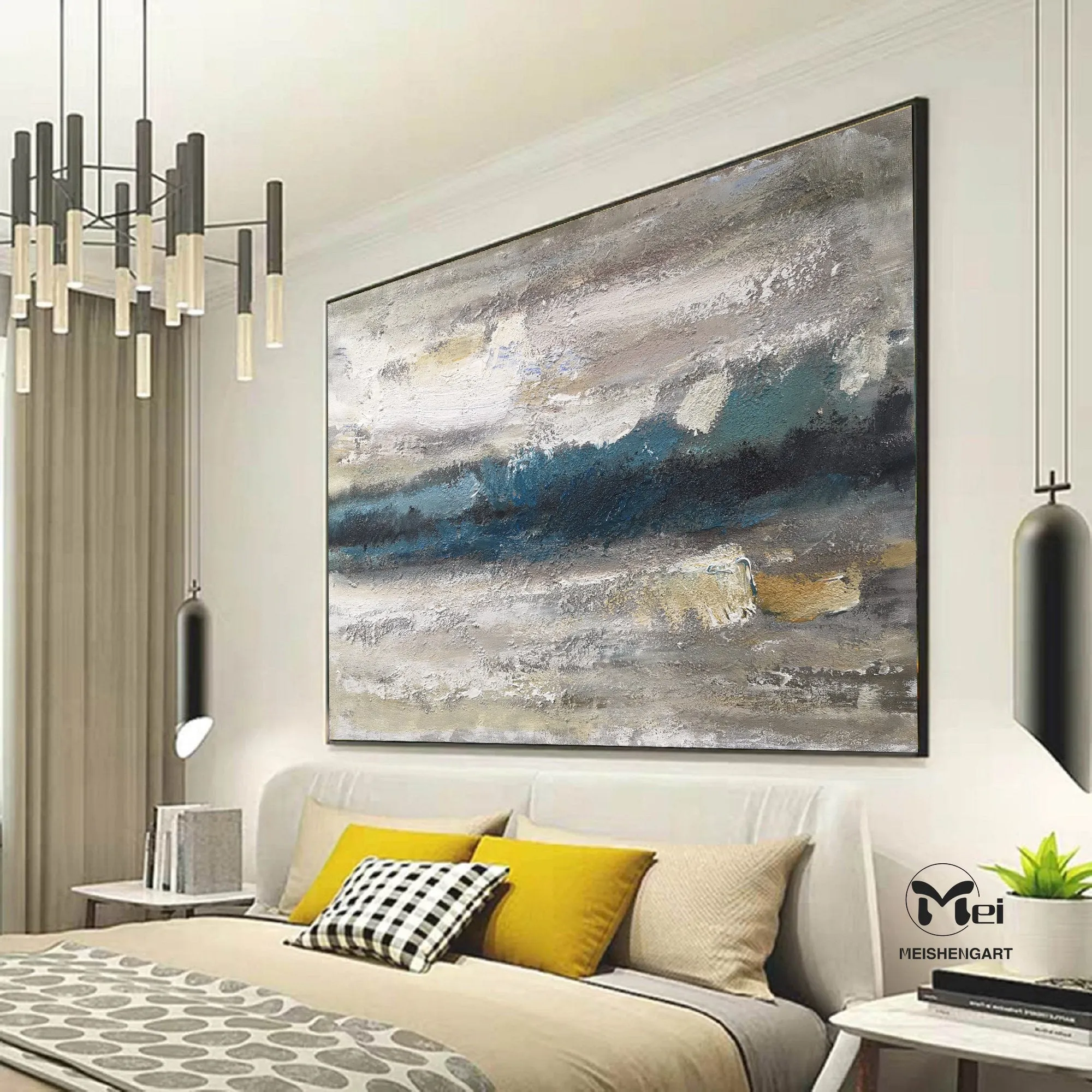 Beige and Blue Abstract Painting Heavy Texture Painting Living Room Kp023