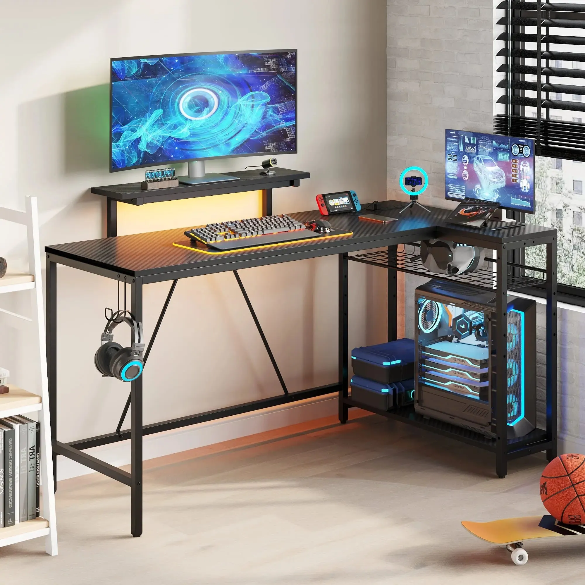 Bestier 58 Inch LED L-Shaped Gaming Desk with Shelves