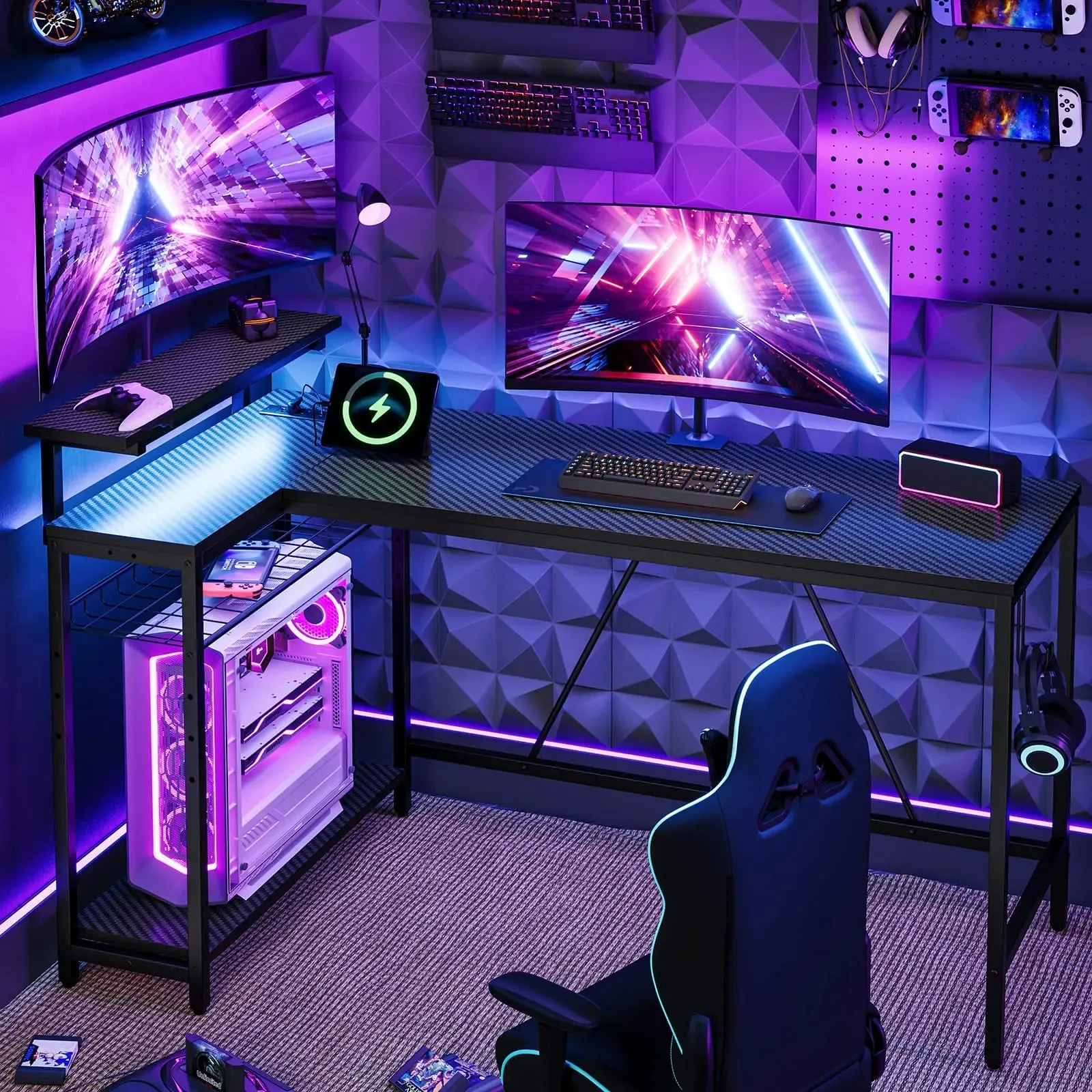 Bestier 58 Inch LED L-Shaped Gaming Desk with Shelves