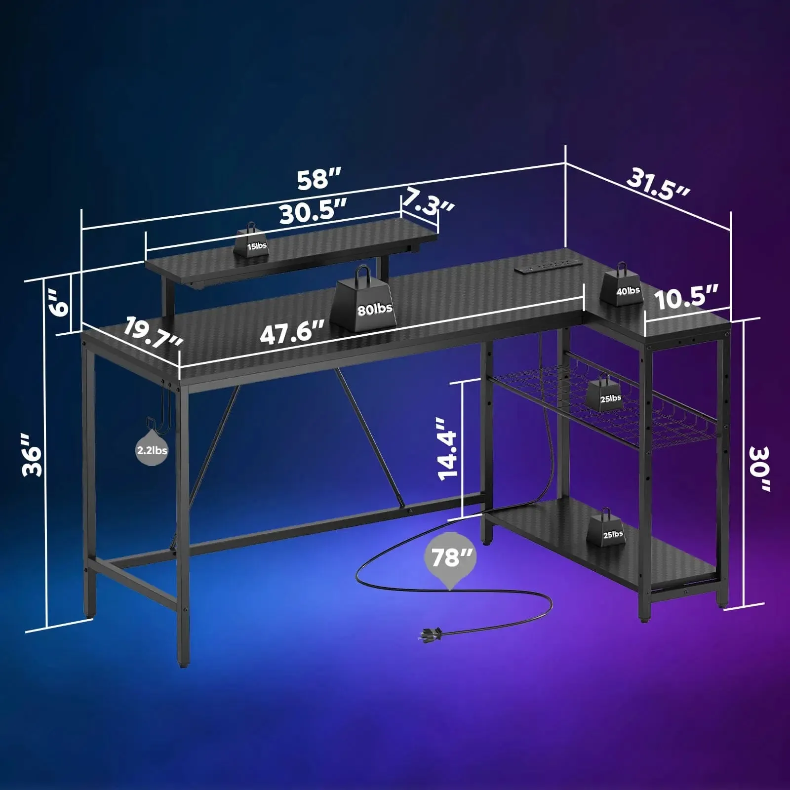 Bestier 58 Inch LED L-Shaped Gaming Desk with Shelves