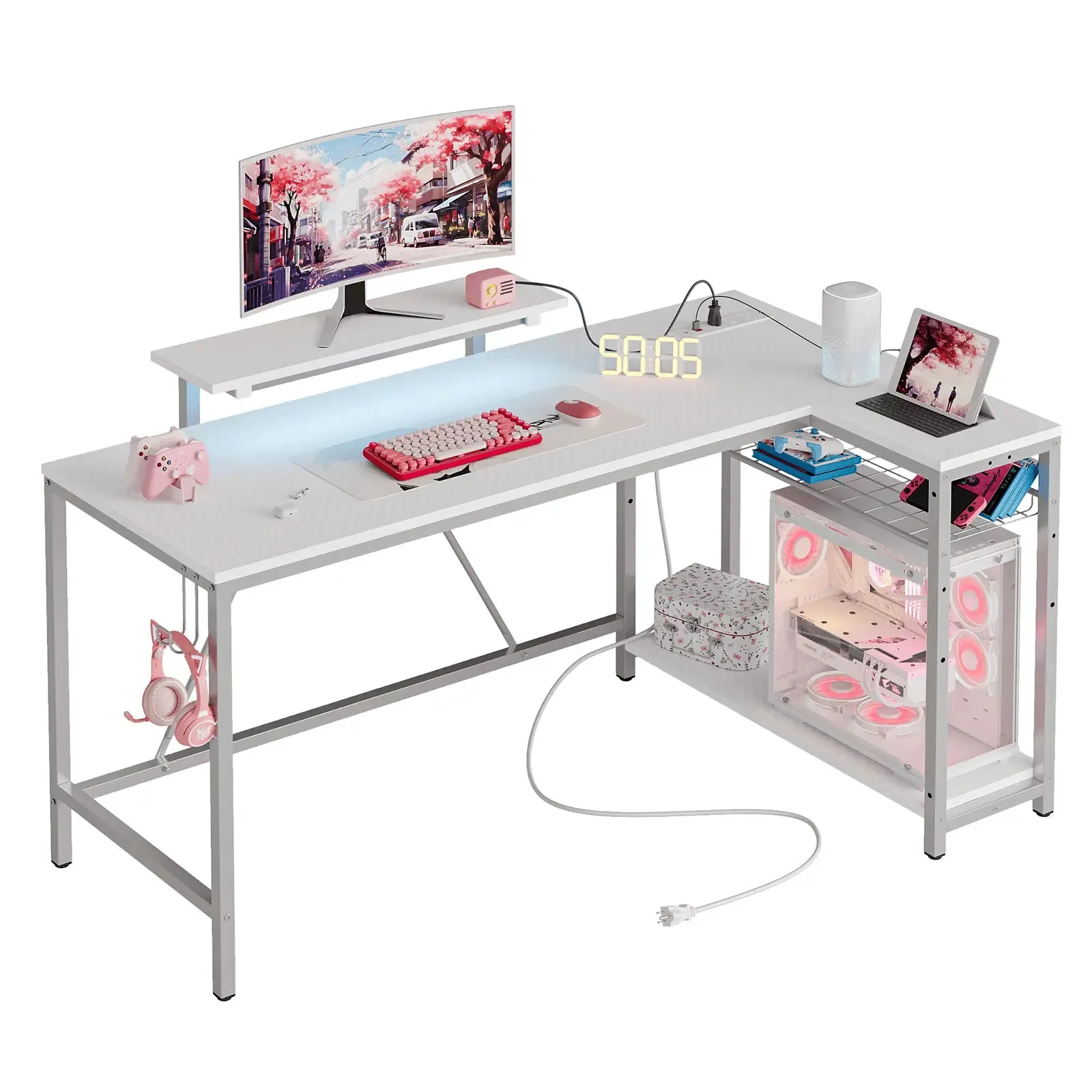 Bestier 58 Inch LED L-Shaped Gaming Desk with Shelves