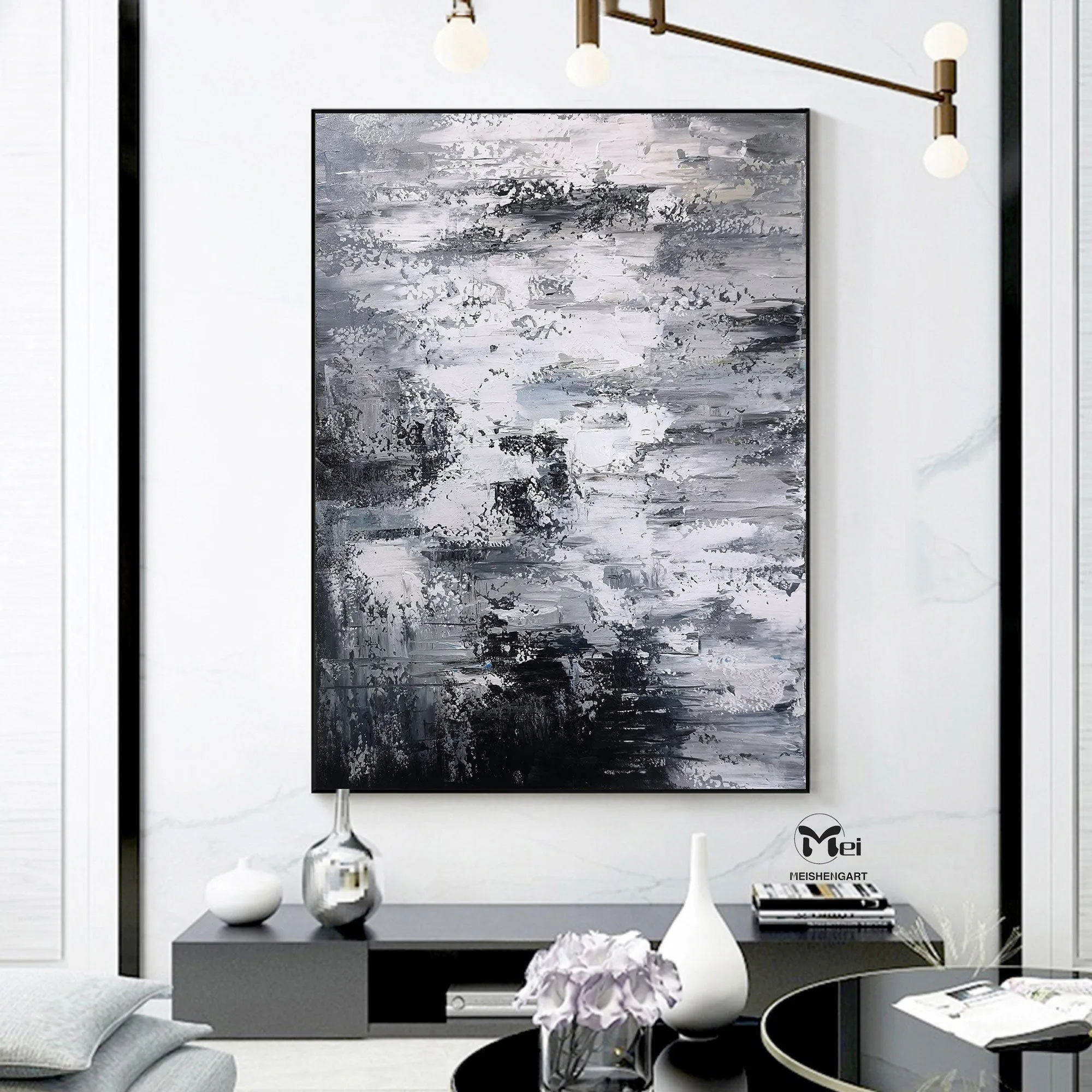 Black And White Abstract Painting 3D Texture Artwork For Living Room Ap112