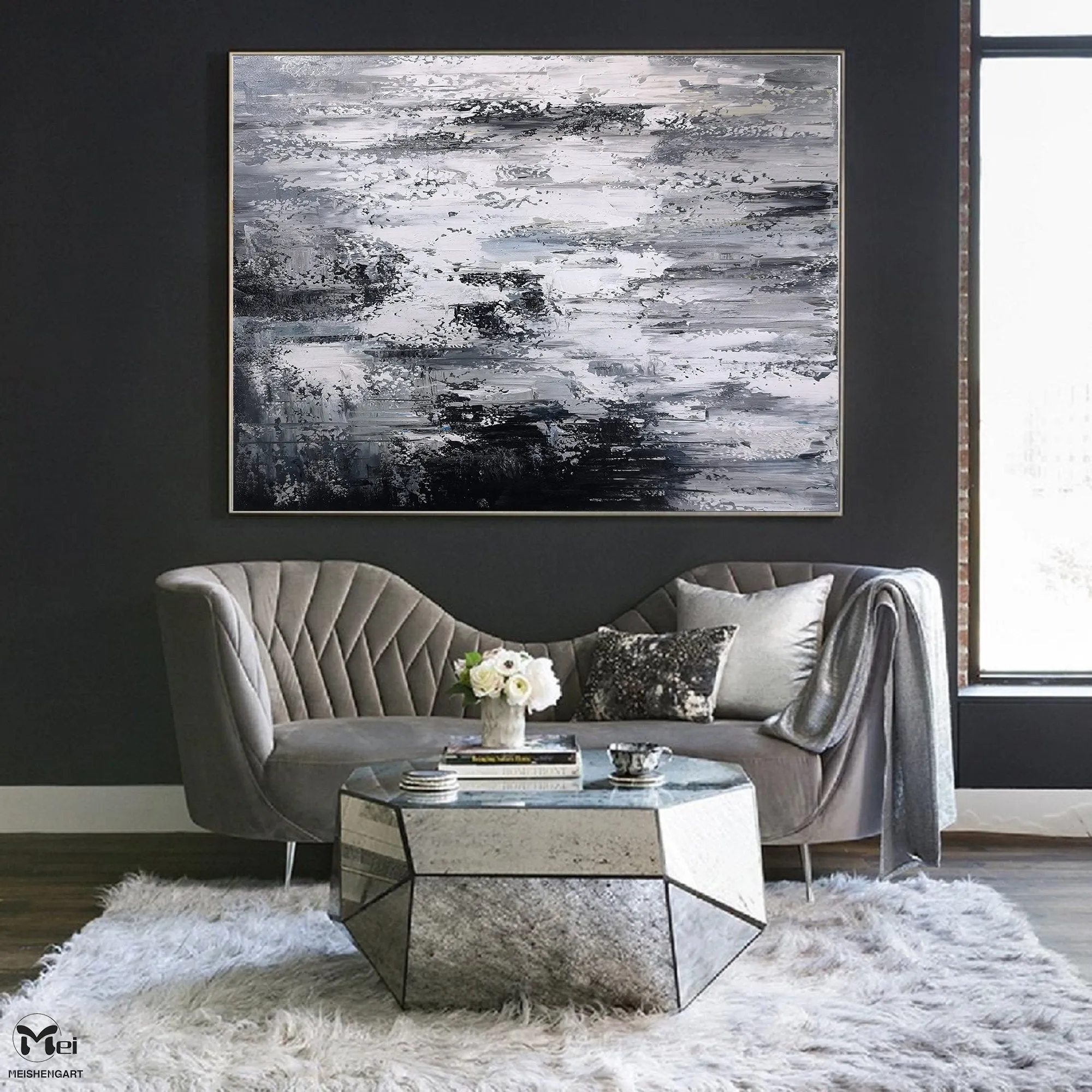 Black And White Abstract Painting 3D Texture Artwork For Living Room Ap112