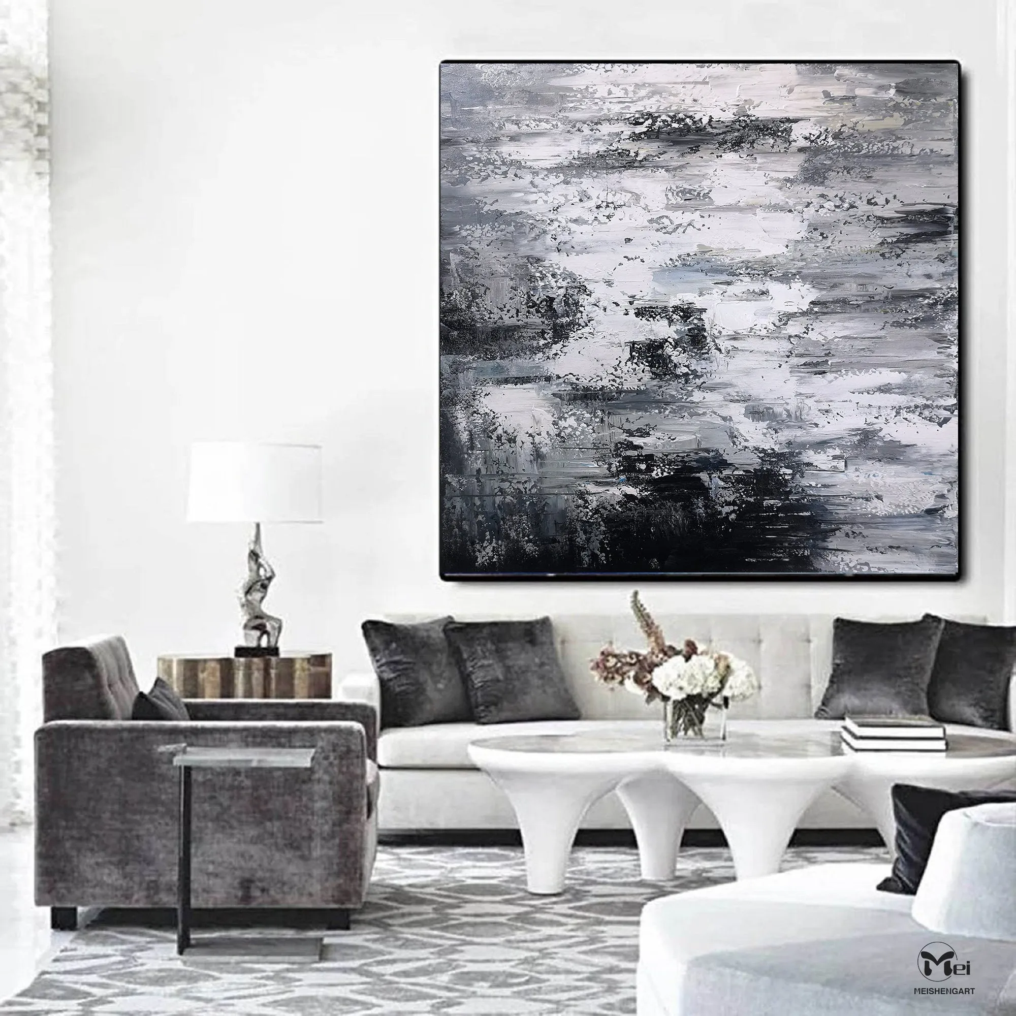 Black And White Abstract Painting 3D Texture Artwork For Living Room Ap112