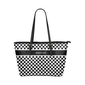 Black and White Checkered Tote Bag Purse, Women Check Racing Flag Print Handbag Checkerboard Zip Top Vegan Leather Designer Ladies Shoulder