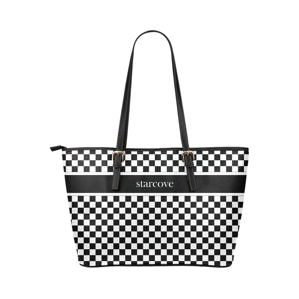 Black and White Checkered Tote Bag Purse, Women Check Racing Flag Print Handbag Checkerboard Zip Top Vegan Leather Designer Ladies Shoulder