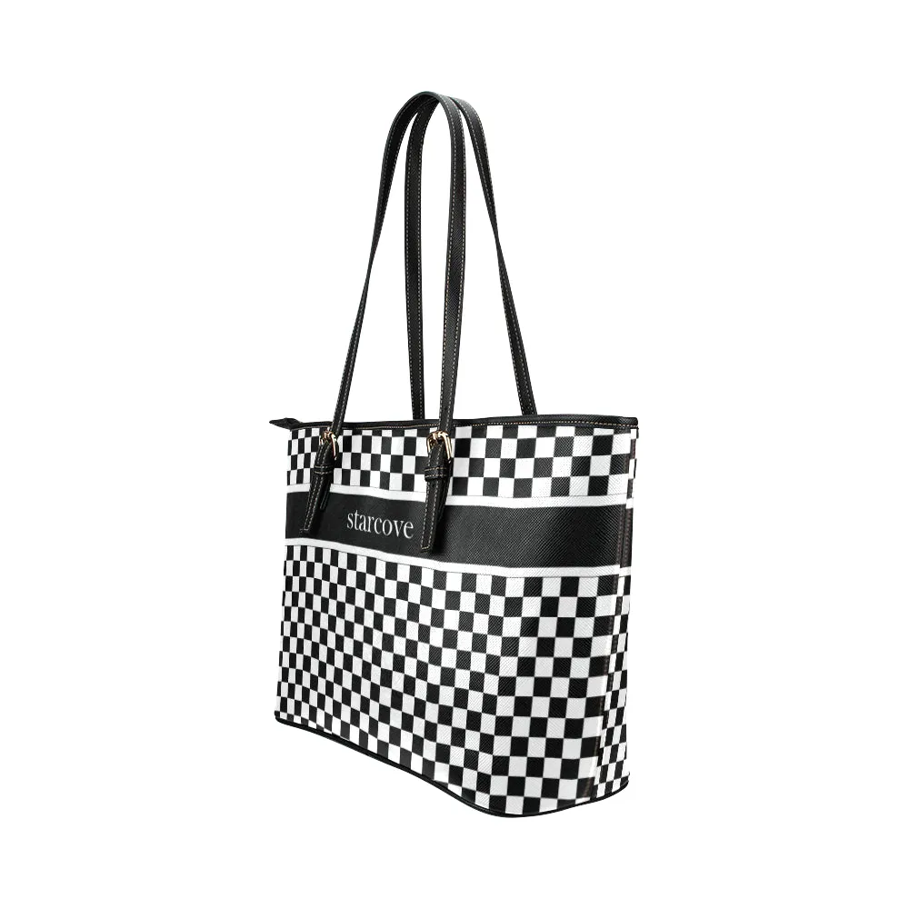 Black and White Checkered Tote Bag Purse, Women Check Racing Flag Print Handbag Checkerboard Zip Top Vegan Leather Designer Ladies Shoulder