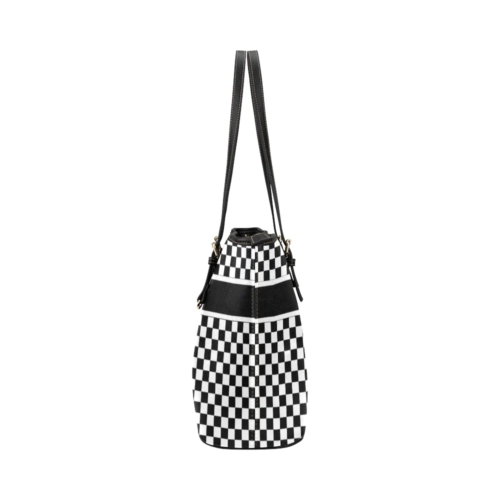 Black and White Checkered Tote Bag Purse, Women Check Racing Flag Print Handbag Checkerboard Zip Top Vegan Leather Designer Ladies Shoulder