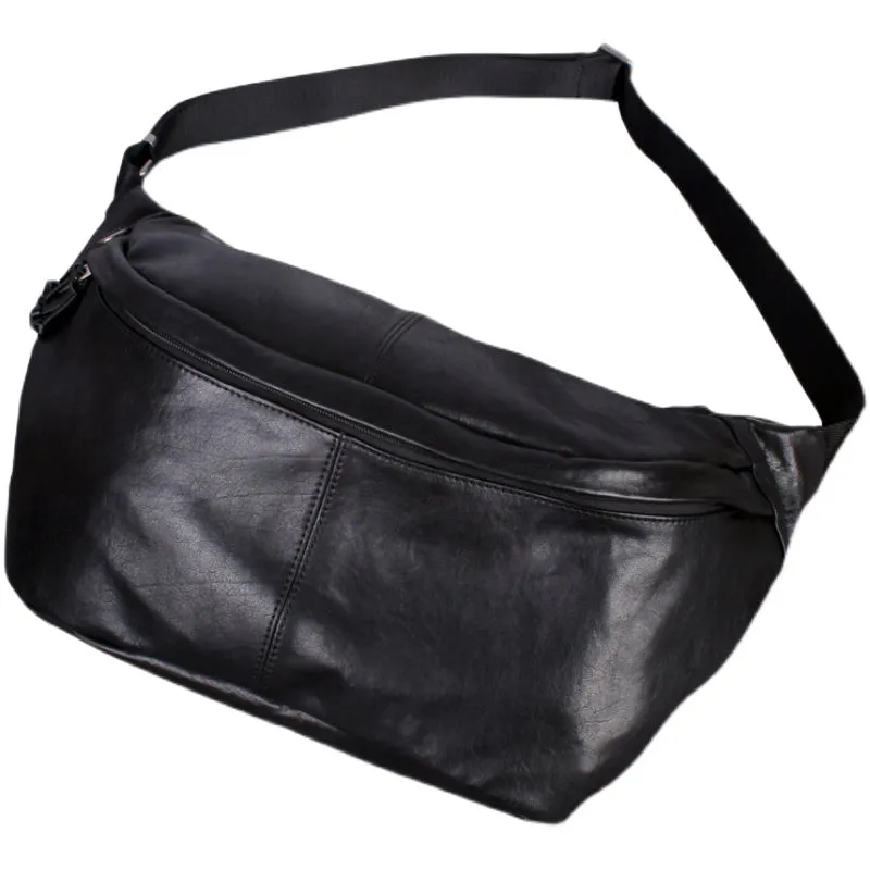 Black Leather Mens Large Sling Bag Leather Mens Big Waist Bag Fanny Pack For Big Men