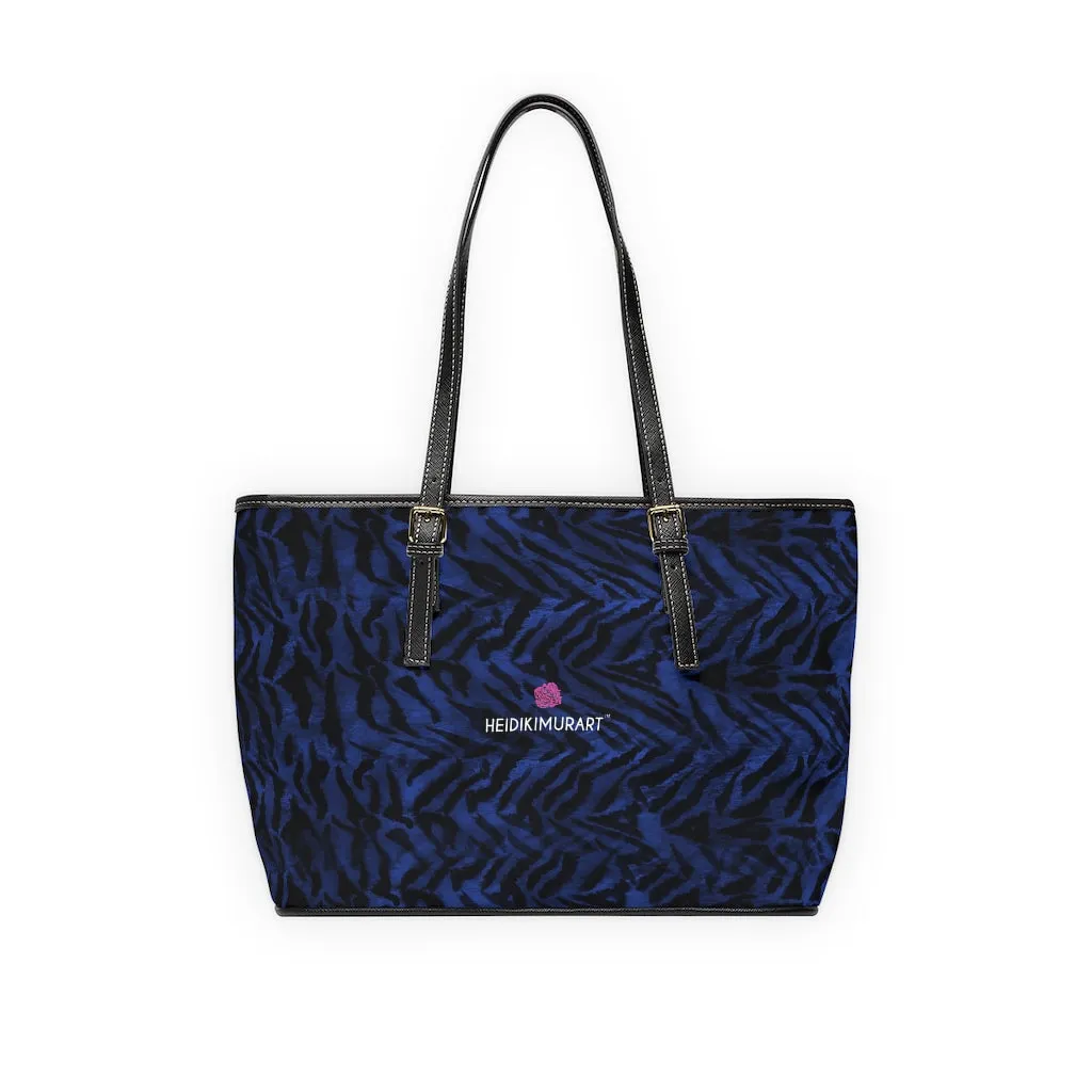 Blue Tiger Stripes Tote Bag, Navy Blue Tiger Striped PU Leather Shoulder Hand Work Bag 17"x11"/ 16"x10"