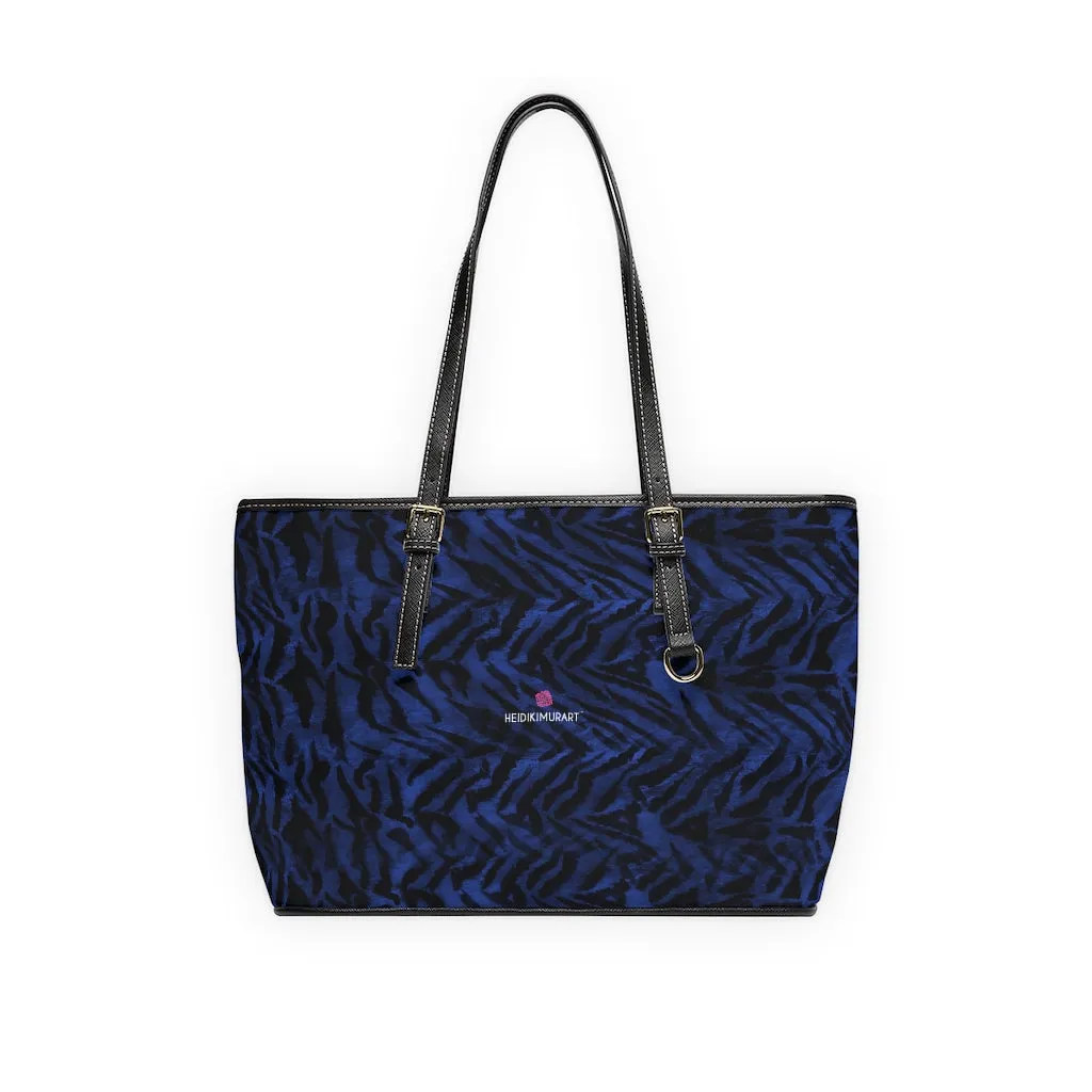 Blue Tiger Stripes Tote Bag, Navy Blue Tiger Striped PU Leather Shoulder Hand Work Bag 17"x11"/ 16"x10"